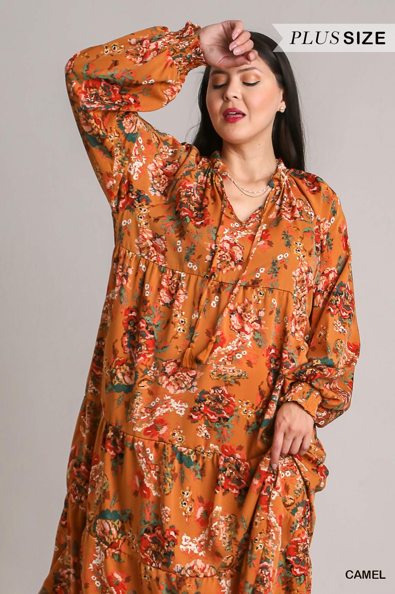 Umgee Plus Floral Print Ruffle V-Neck Tiered Tassel Maxi Dress