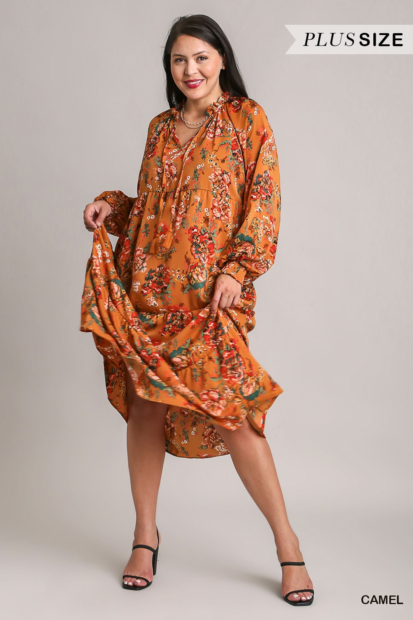 Umgee Plus Floral Print Ruffle V-Neck Tiered Tassel Maxi Dress