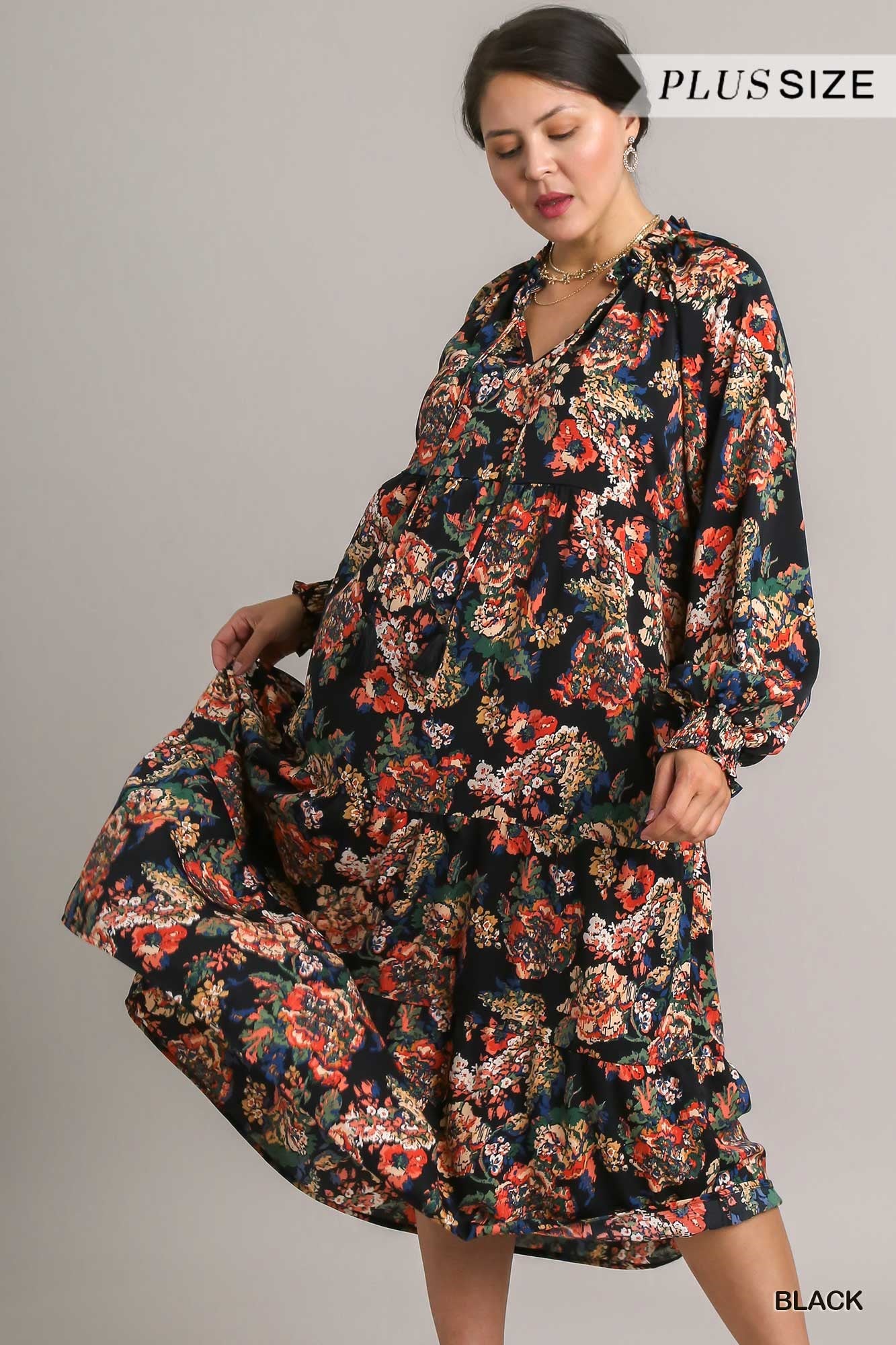 Umgee Plus Floral Print Ruffle V-Neck Tiered Tassel Maxi Dress