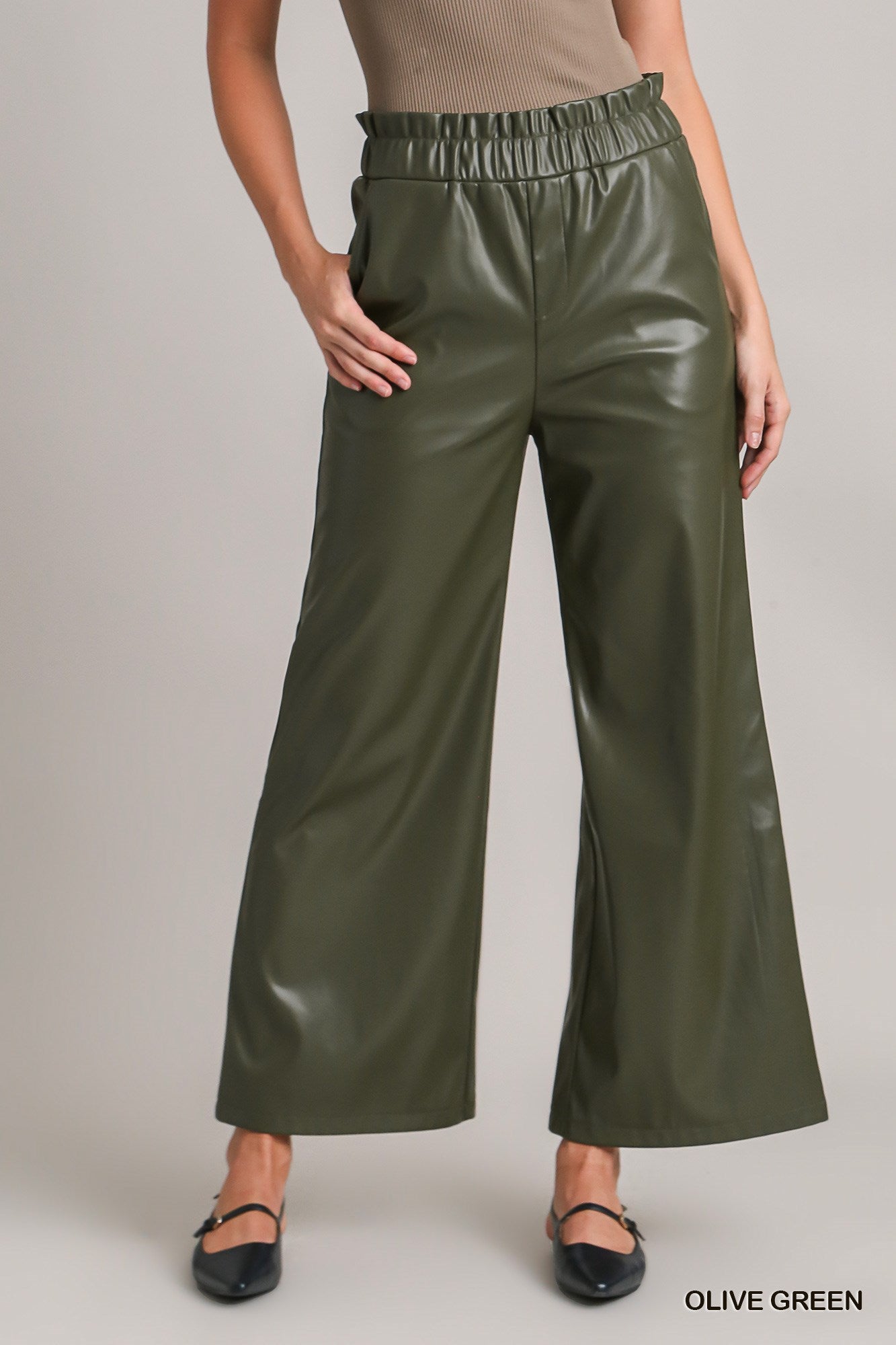 Umgee Faux Leather Elastic Waistband Pants
