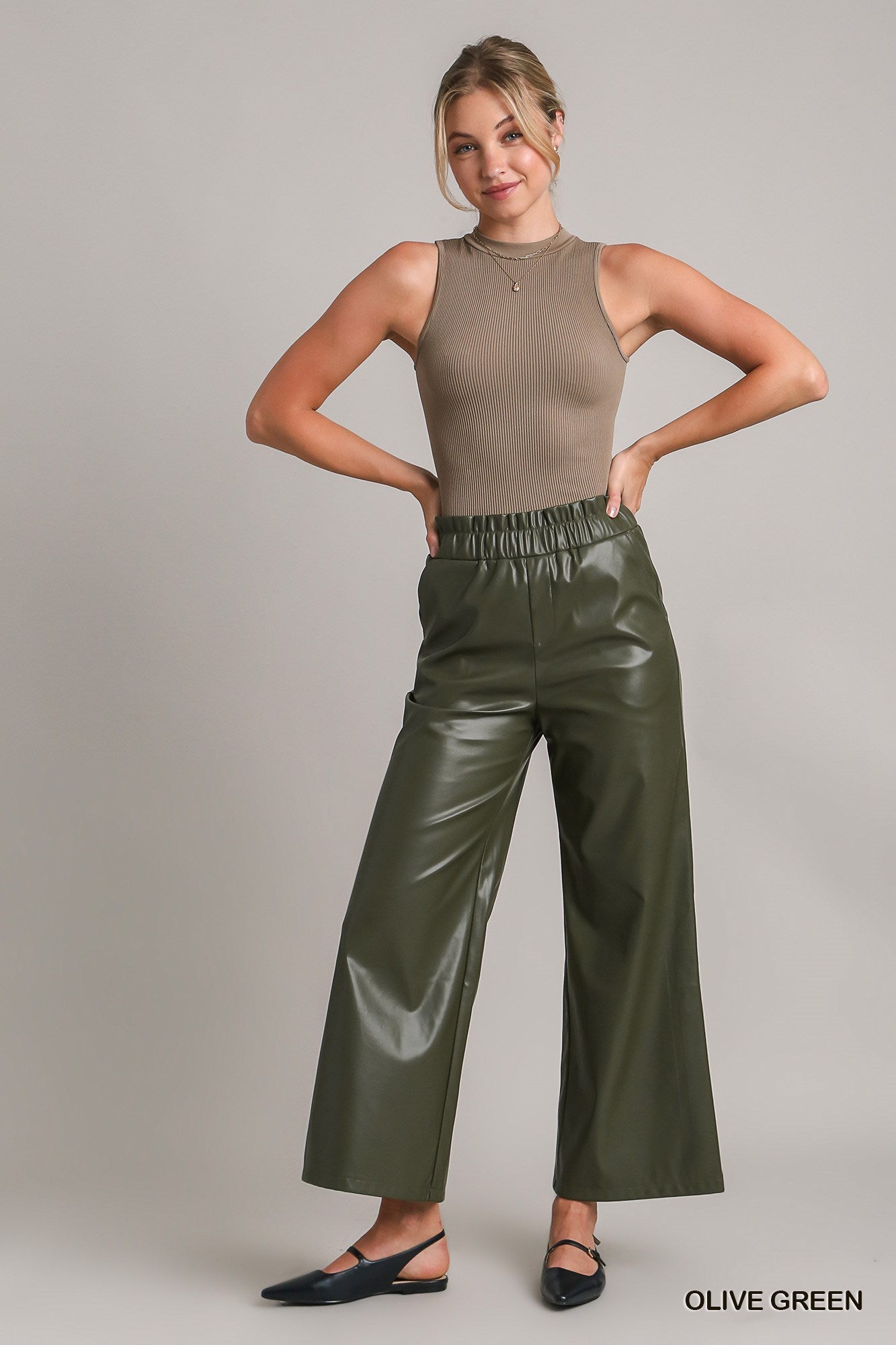 Umgee Faux Leather Elastic Waistband Pants