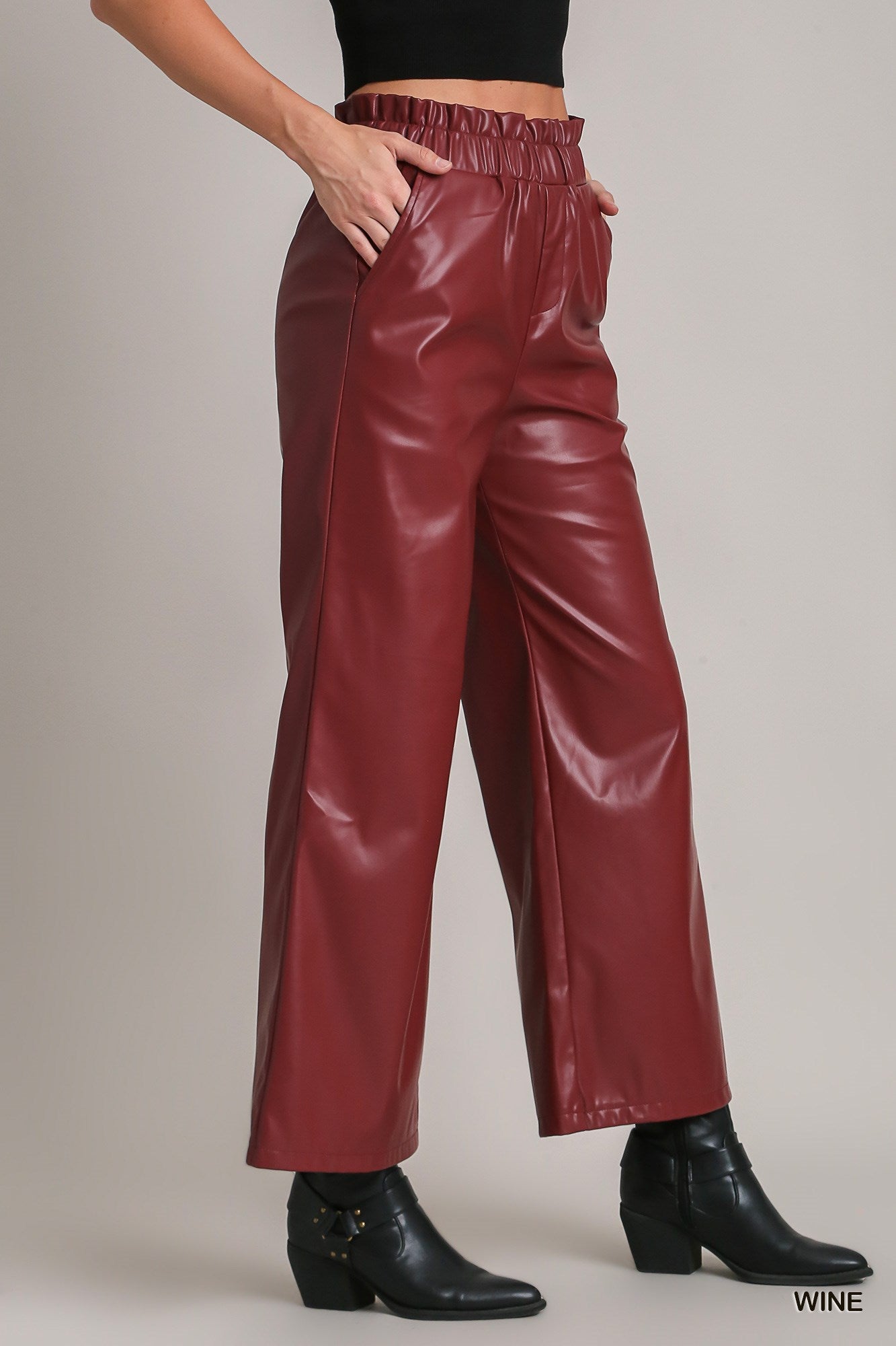 Umgee Faux Leather Elastic Waistband Pants