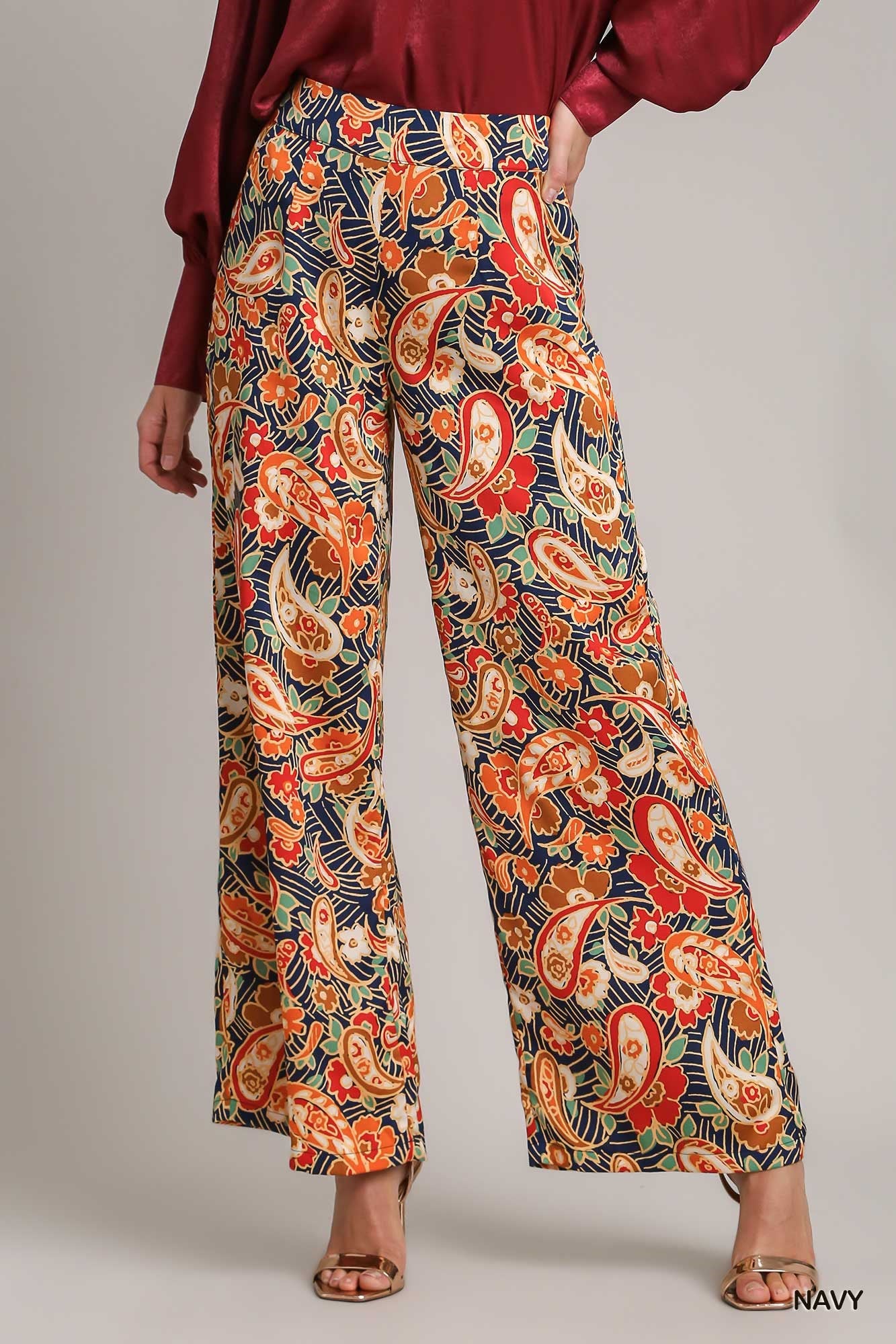 Umgee Satin Paisley Wide Leg Printed Side Zipper Pants