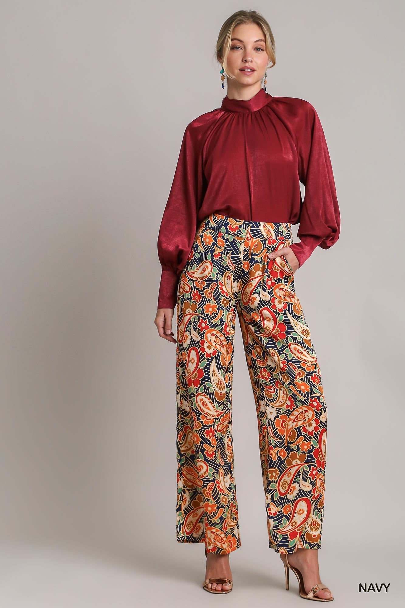 Umgee Satin Paisley Wide Leg Printed Side Zipper Pants