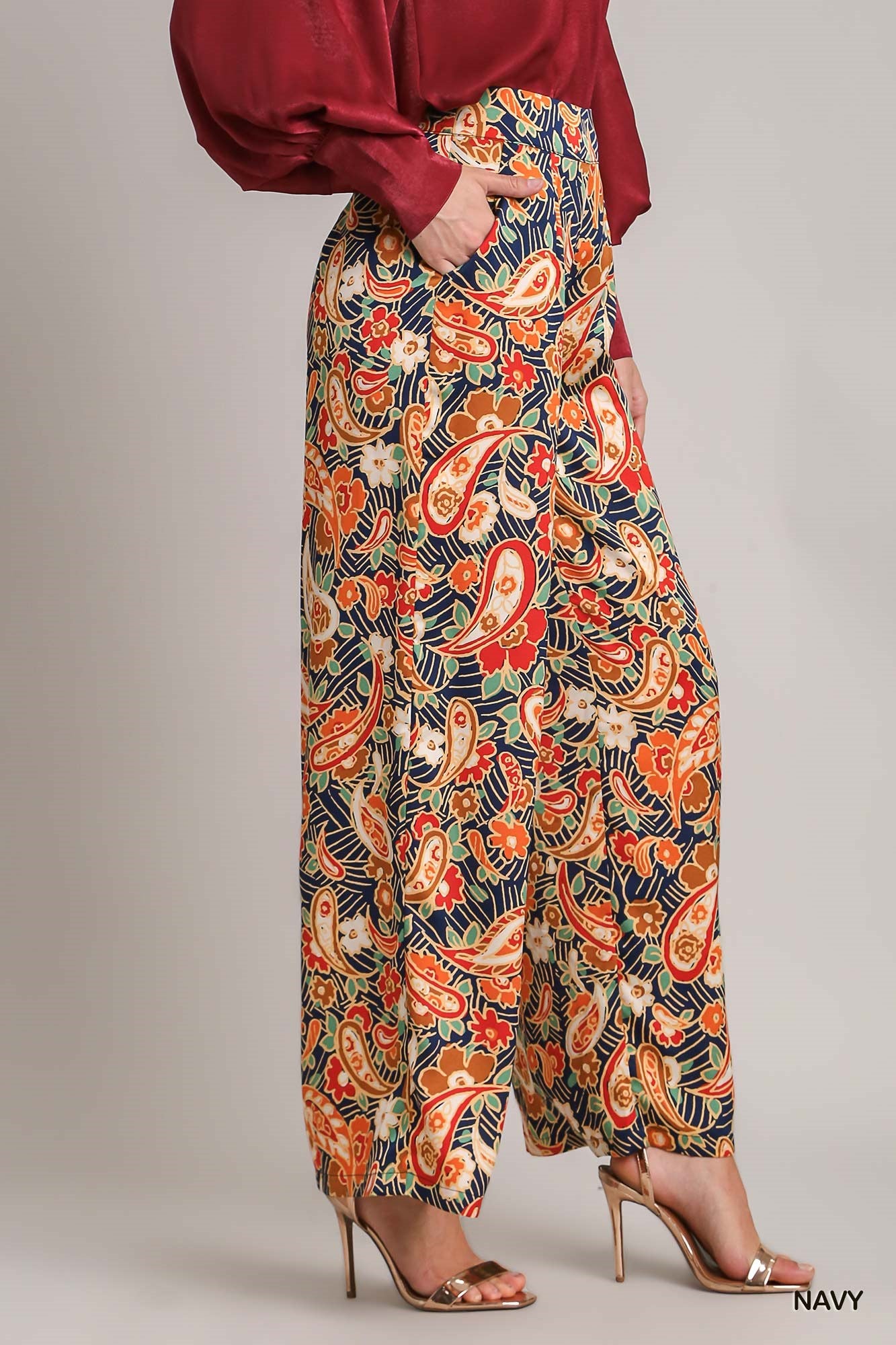 Umgee Satin Paisley Wide Leg Printed Side Zipper Pants