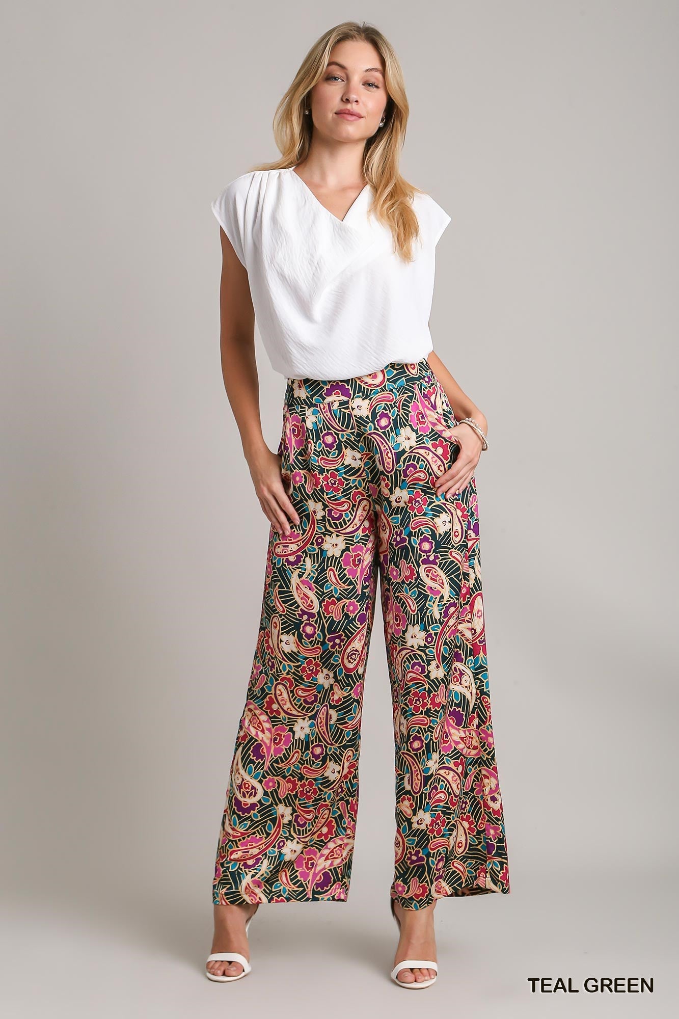 Umgee Satin Paisley Wide Leg Printed Side Zipper Pants