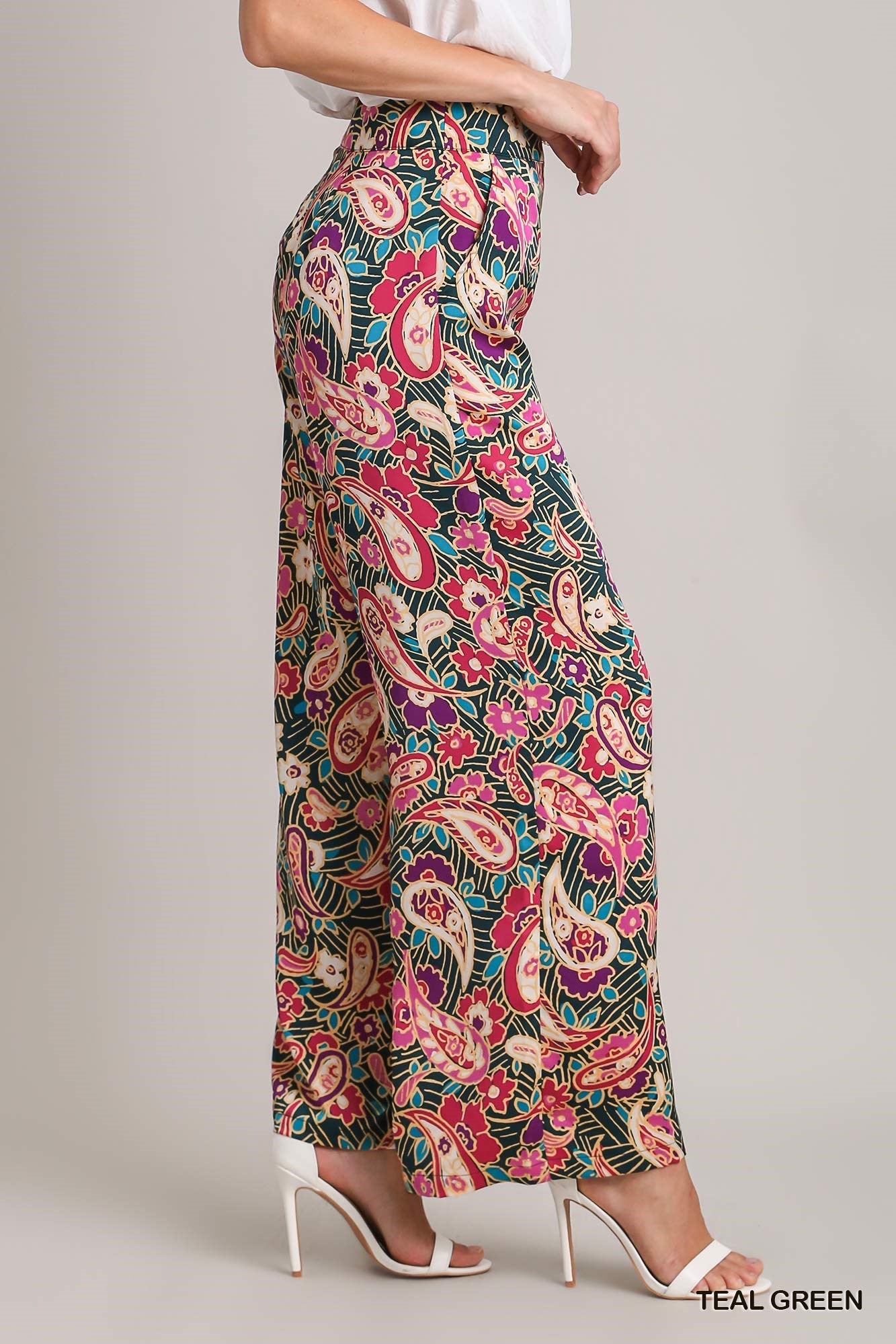 Umgee Satin Paisley Wide Leg Printed Side Zipper Pants