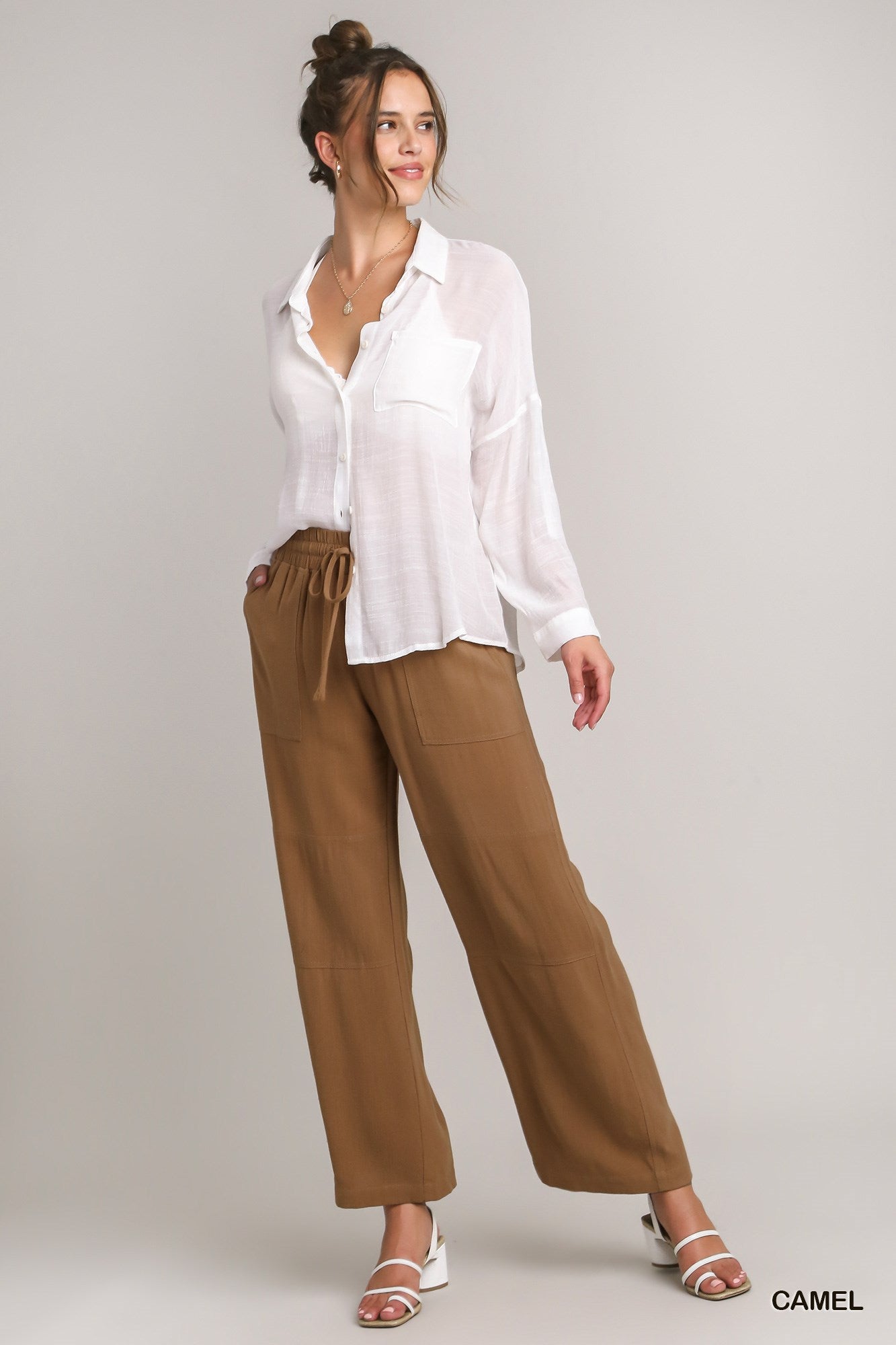 Umgee Linen Blend Elastic Waistband Drawstring Pocket Pants