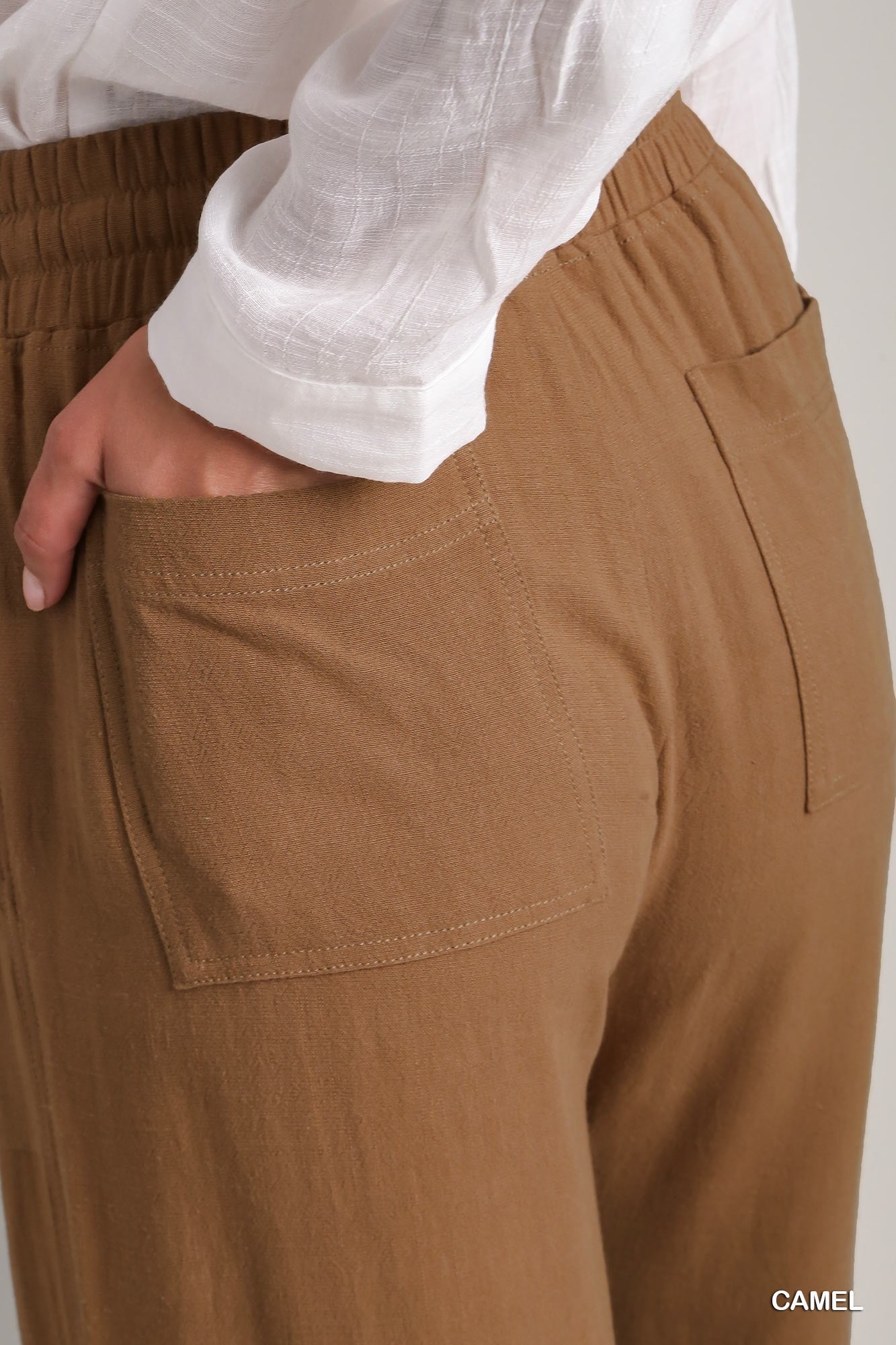 Umgee Linen Blend Elastic Waistband Drawstring Pocket Pants