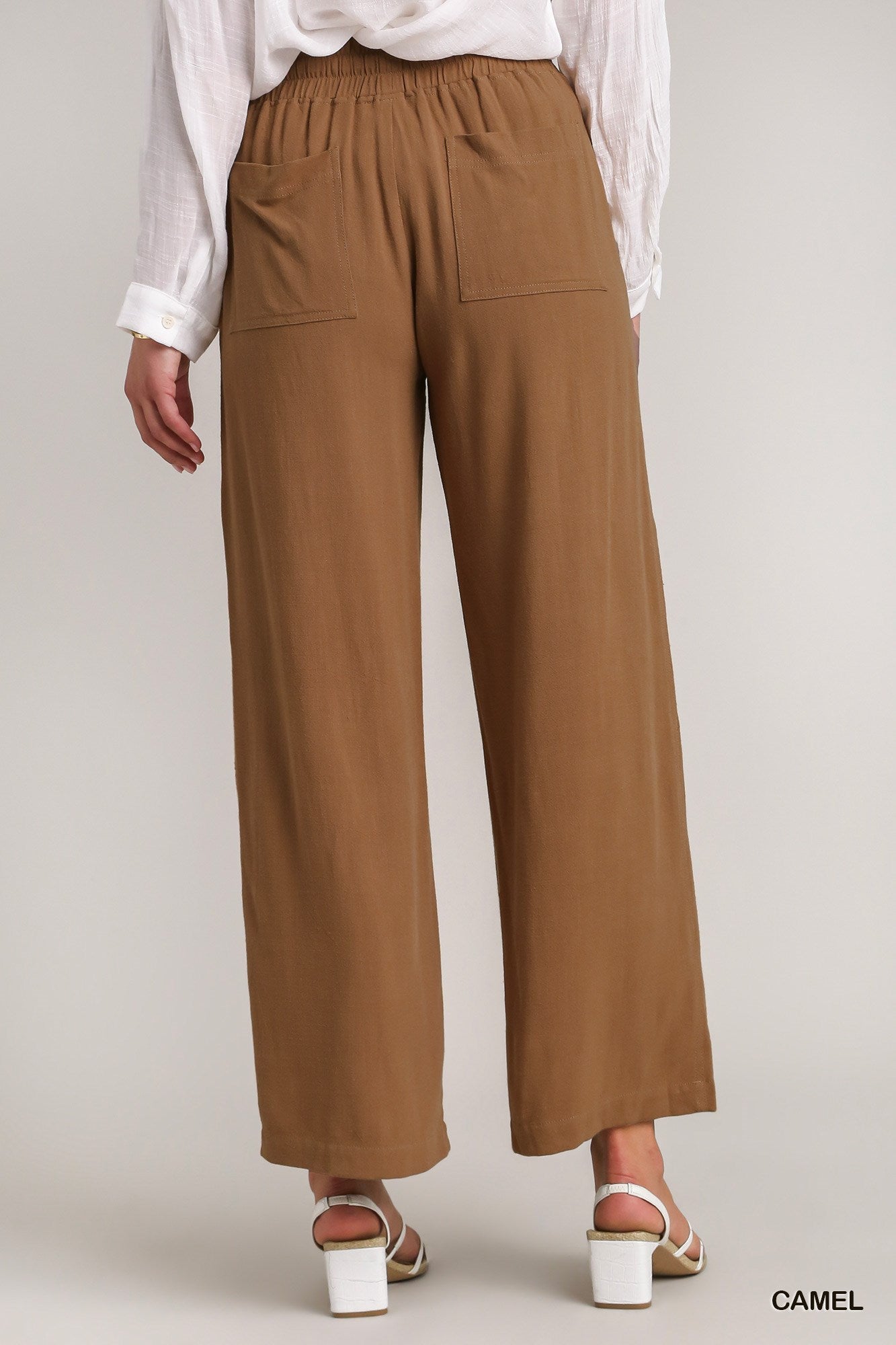 Umgee Linen Blend Elastic Waistband Drawstring Pocket Pants