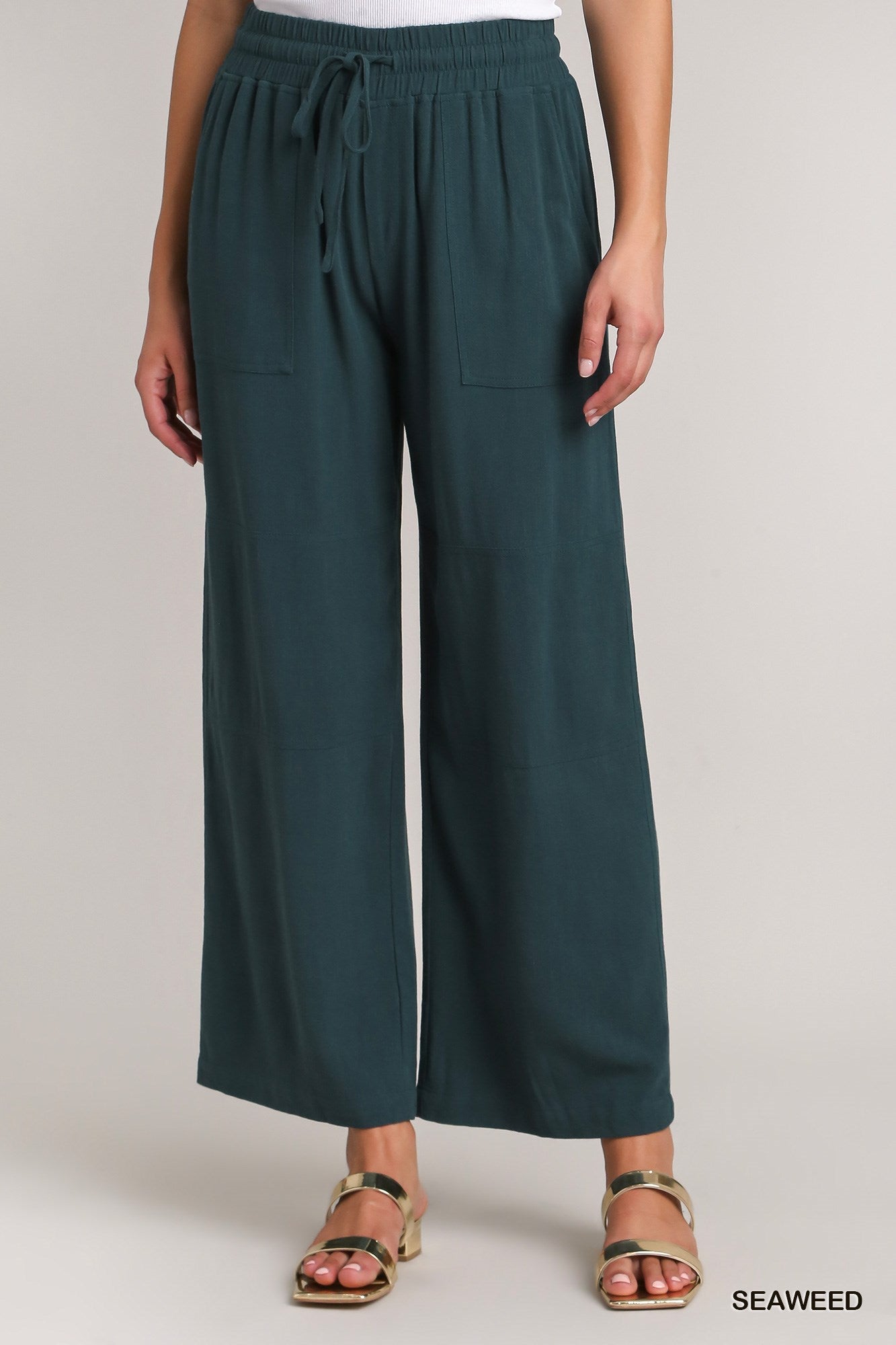 Umgee Linen Blend Elastic Waistband Drawstring Pocket Pants
