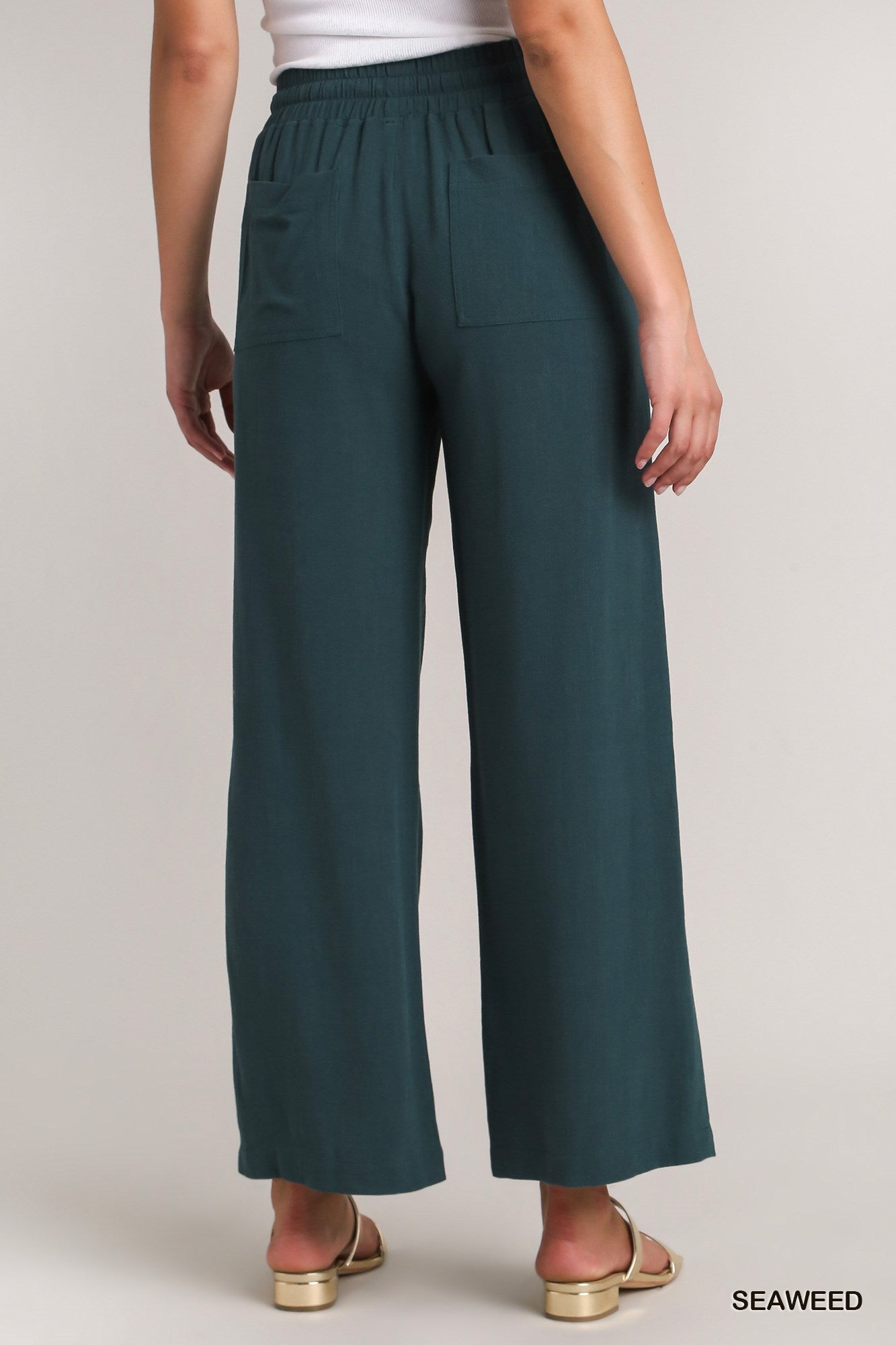 Umgee Linen Blend Elastic Waistband Drawstring Pocket Pants