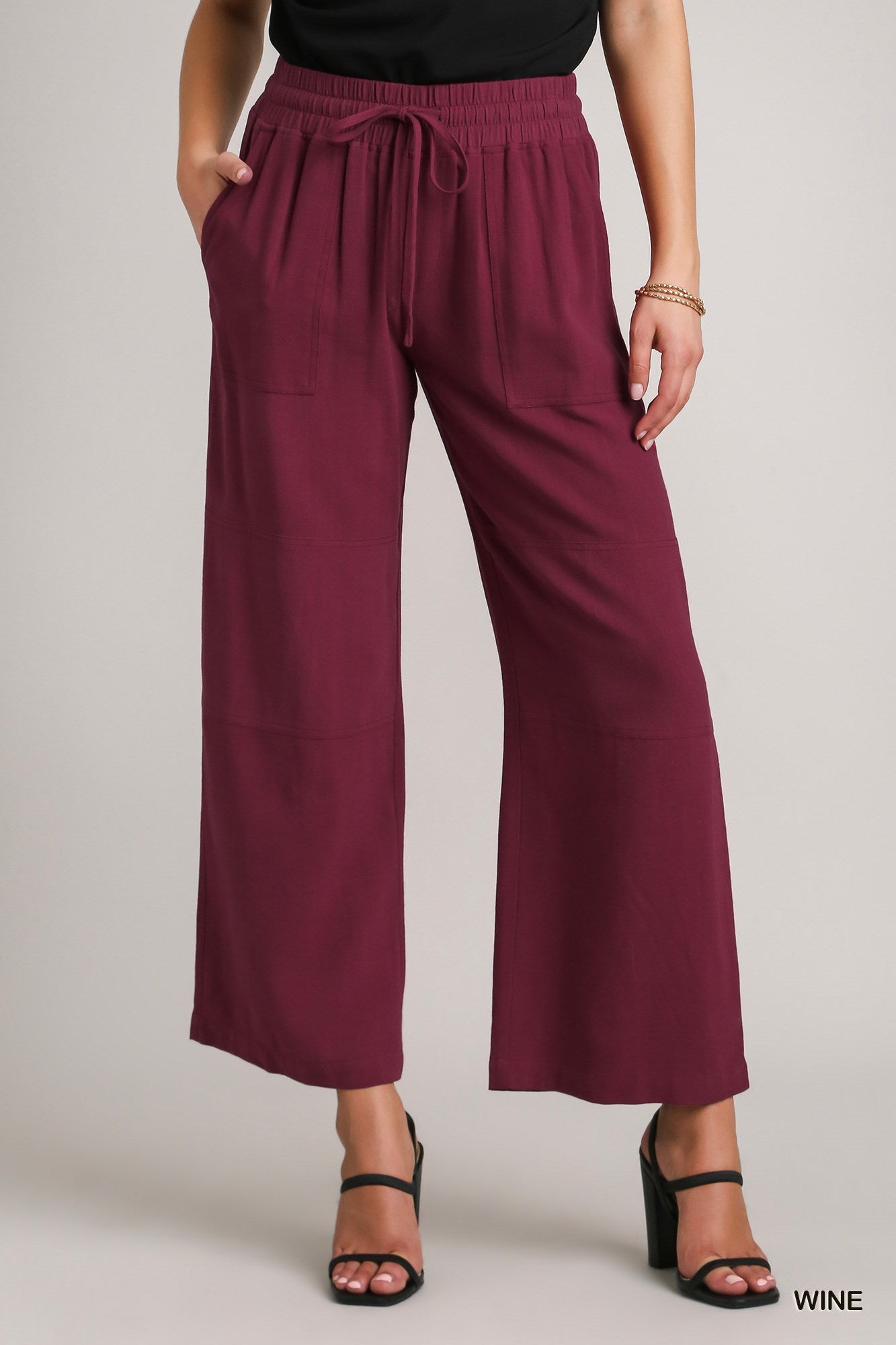 Umgee Linen Blend Elastic Waistband Drawstring Pocket Pants