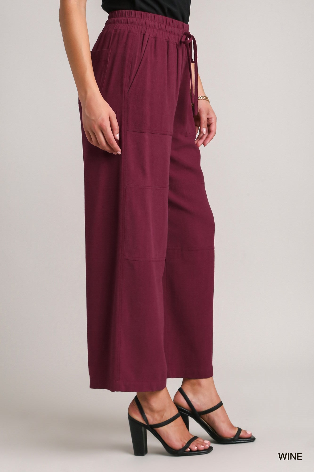 Umgee Linen Blend Elastic Waistband Drawstring Pocket Pants