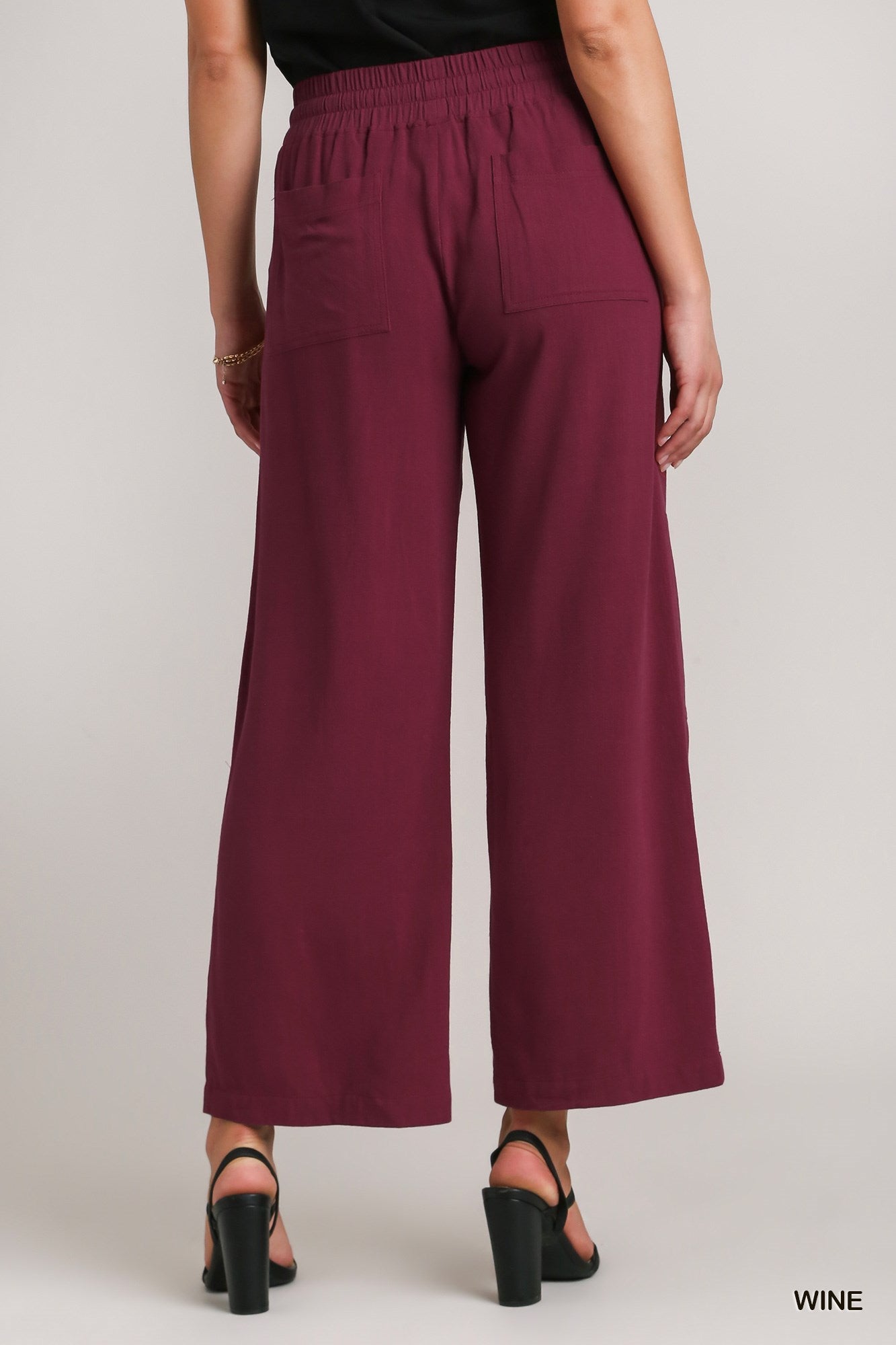 Umgee Linen Blend Elastic Waistband Drawstring Pocket Pants