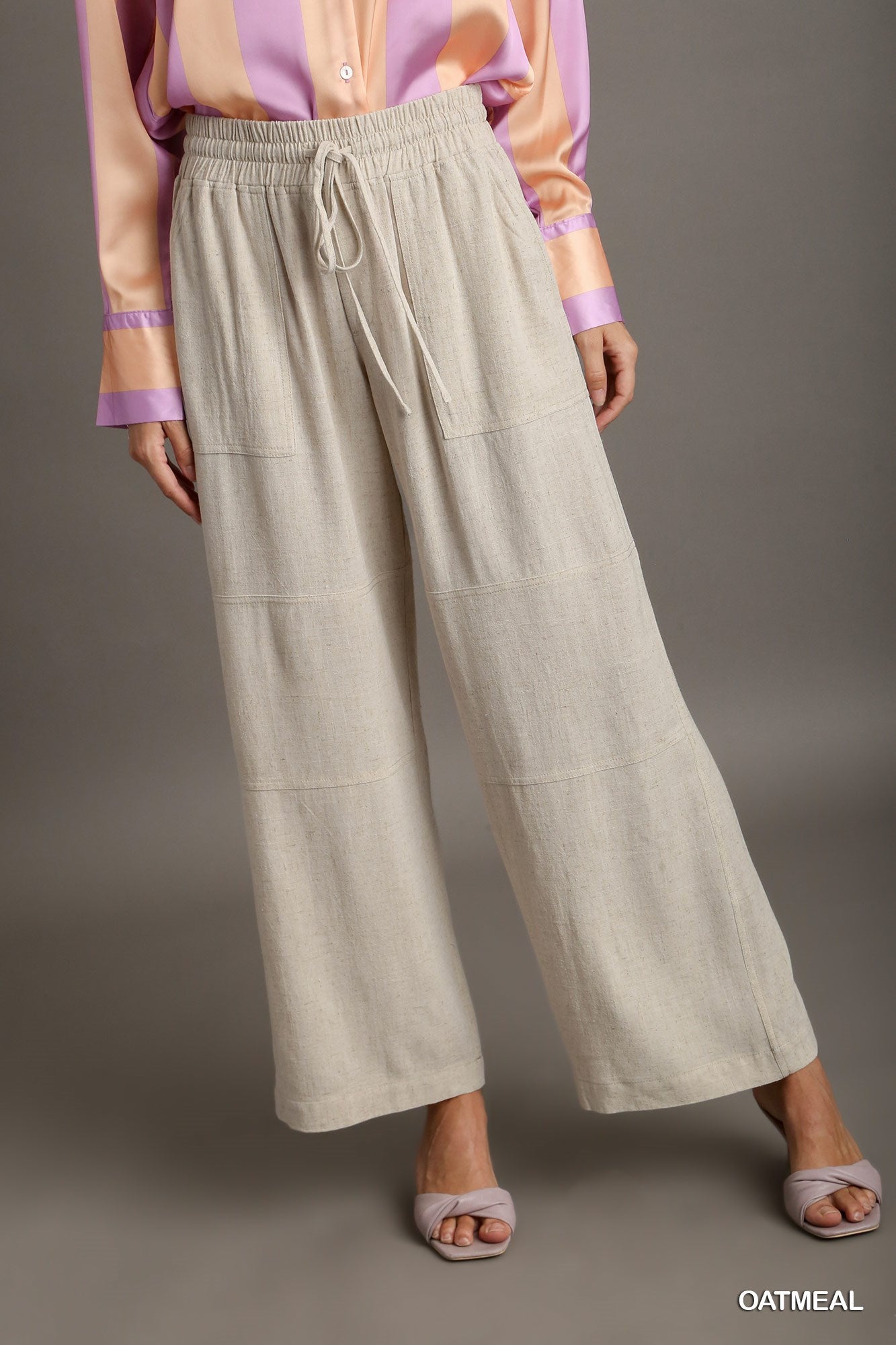 Umgee Linen Blend Elastic Waistband Drawstring Pocket Pants