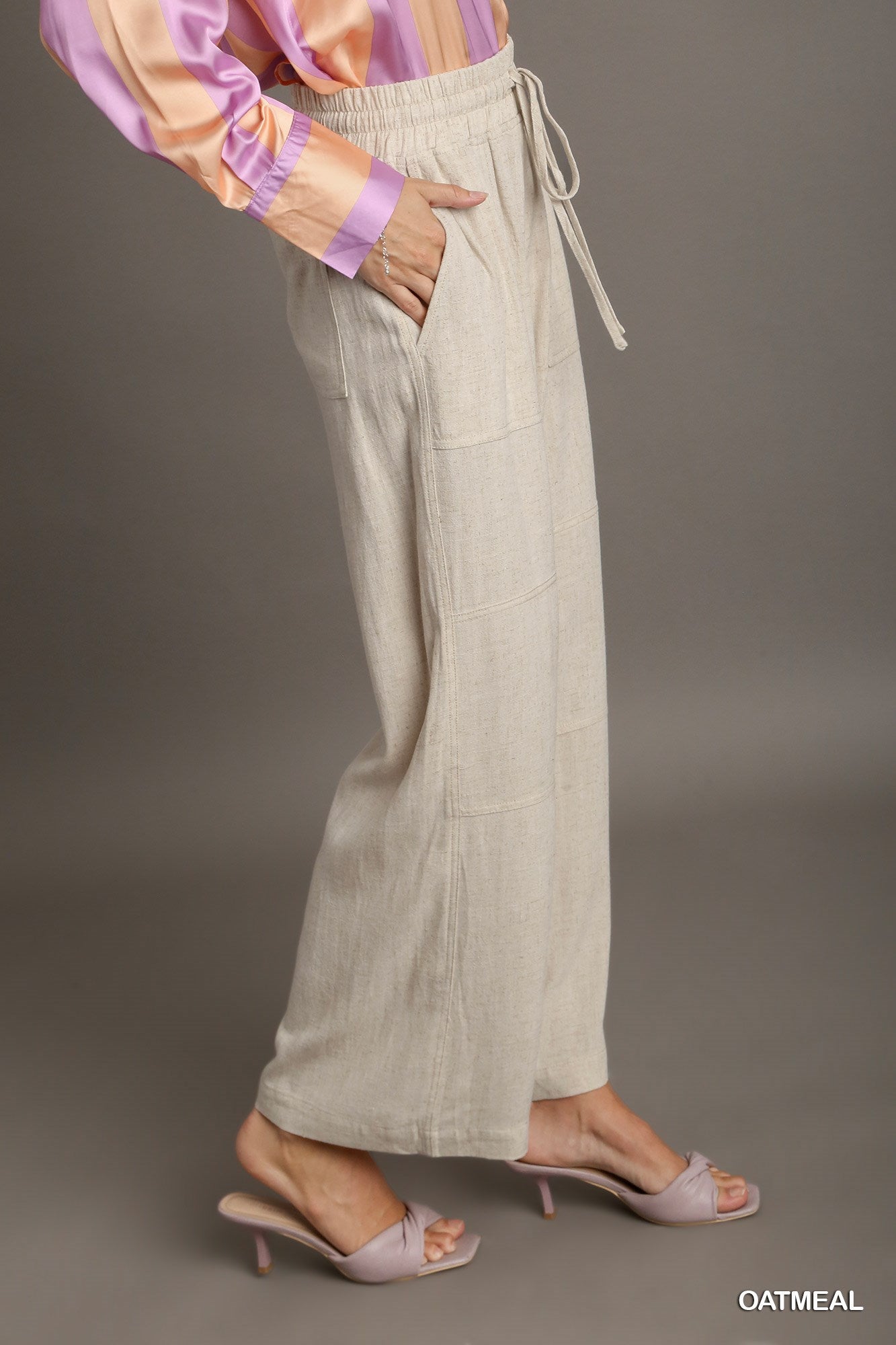 Umgee Linen Blend Elastic Waistband Drawstring Pocket Pants