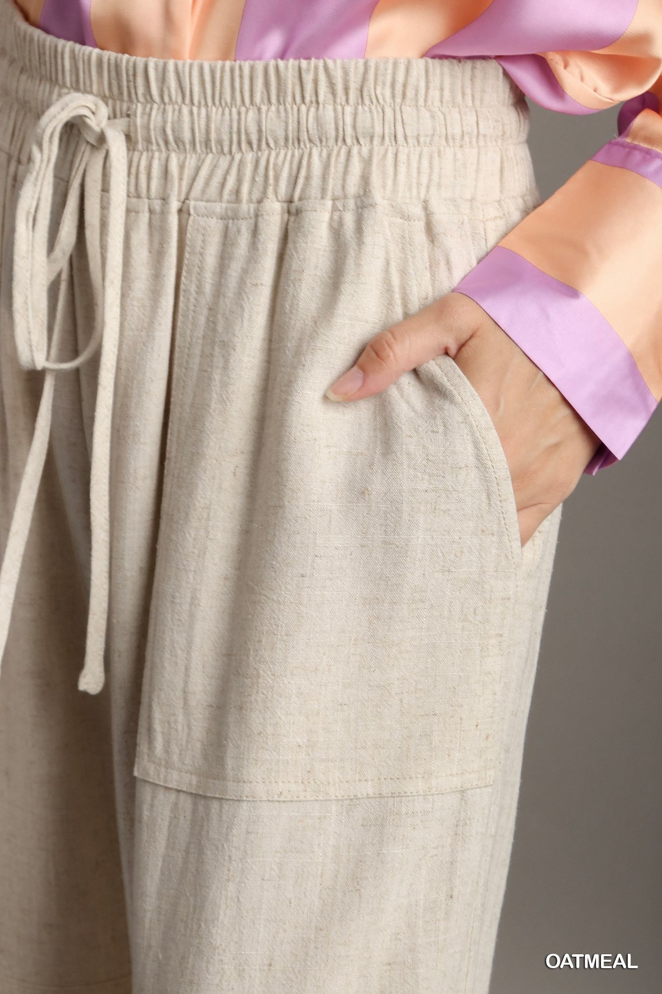 Umgee Linen Blend Elastic Waistband Drawstring Pocket Pants