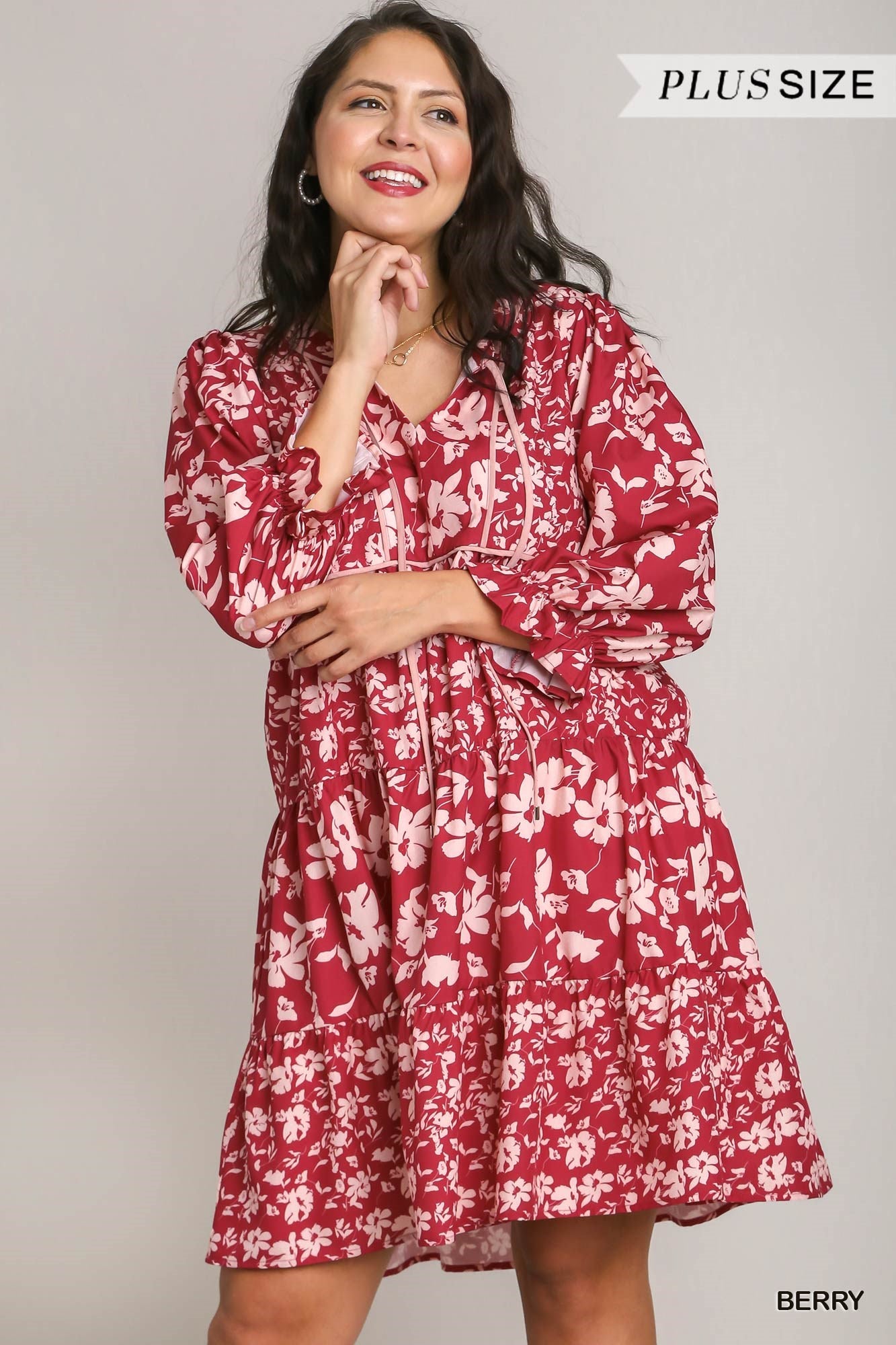 Umgee Plus Two Tone Floral Printed Mixed Tiered Dress