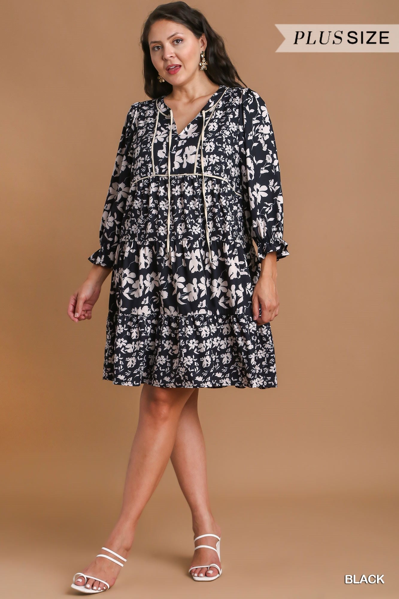 Umgee Plus Two Tone Floral Printed Mixed Tiered Dress