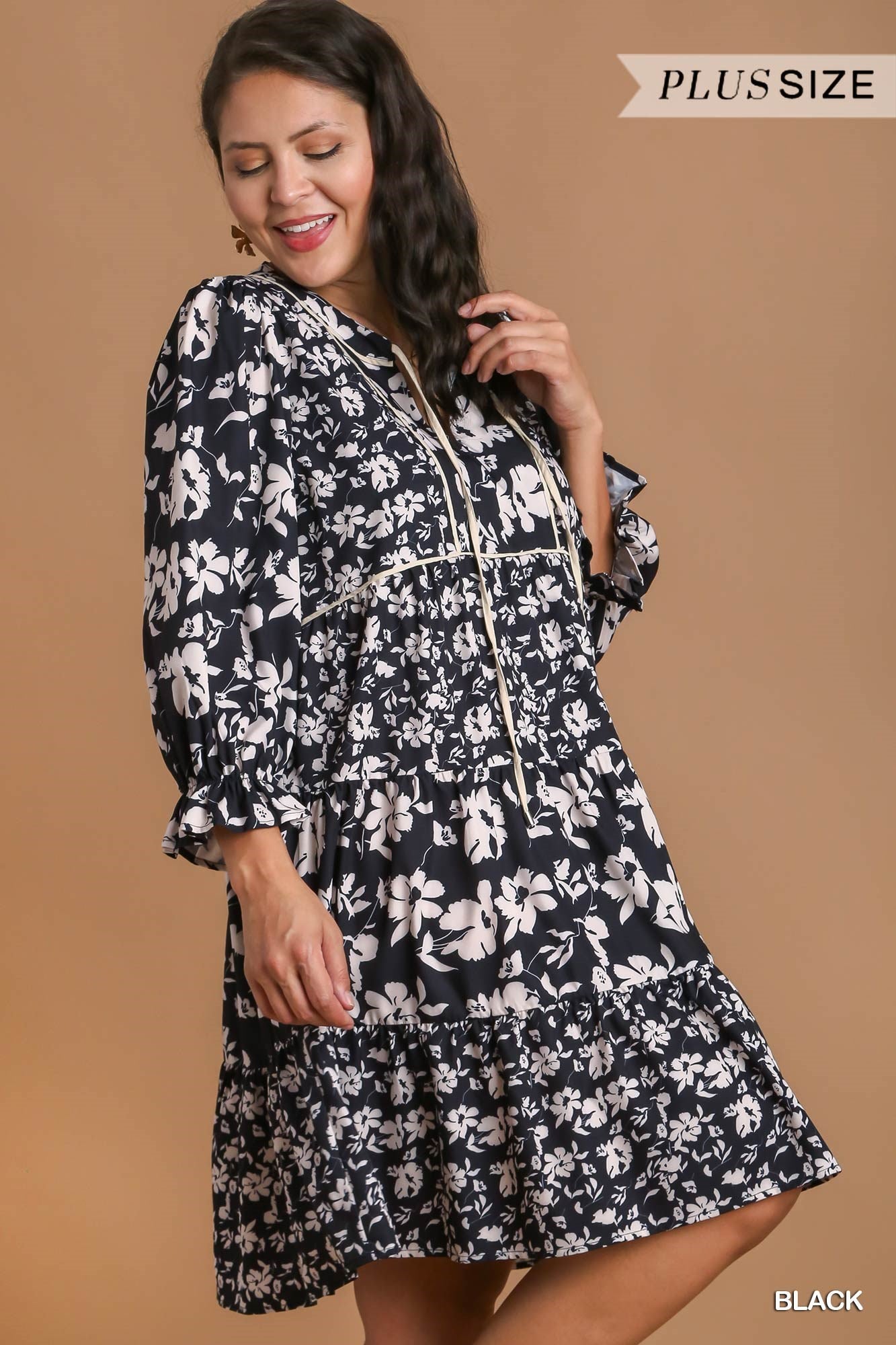 Umgee Plus Two Tone Floral Printed Mixed Tiered Dress