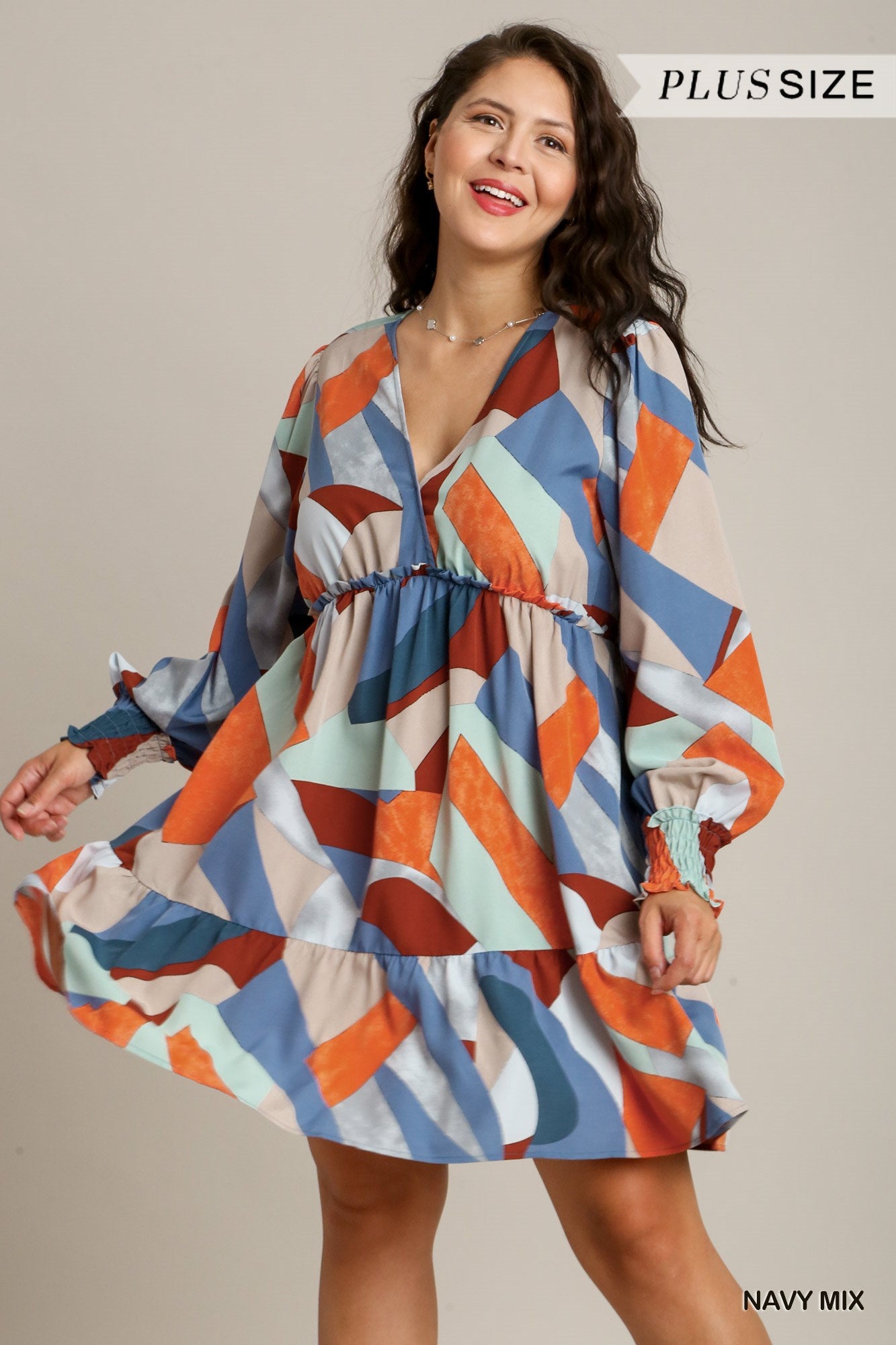 Umgee Plus Abstract V-Neck Tiered Printed Dress