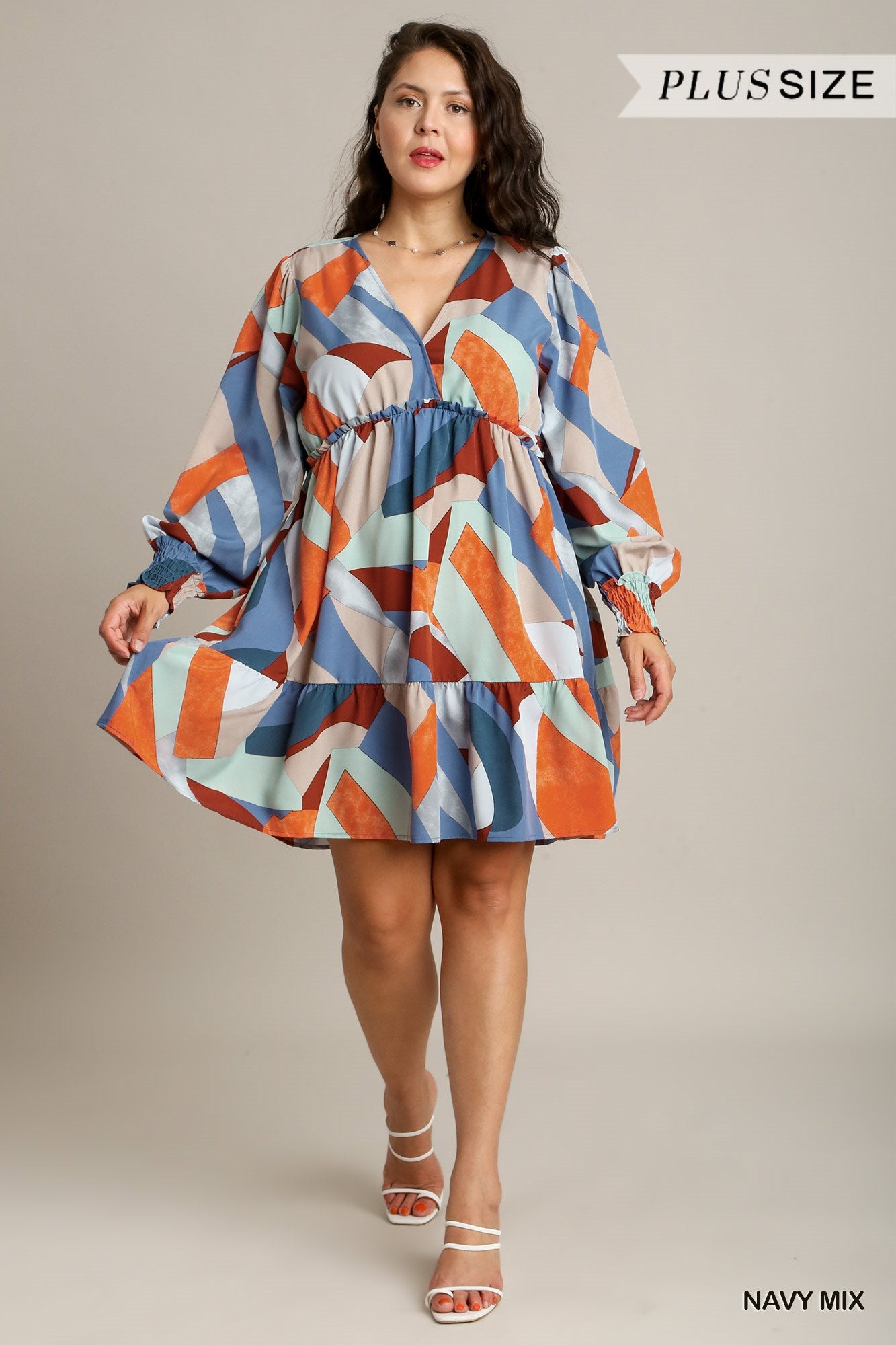 Umgee Plus Abstract V-Neck Tiered Printed Dress