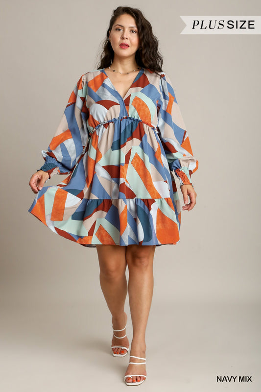 Umgee Plus Abstract V-Neck Tiered Printed Dress