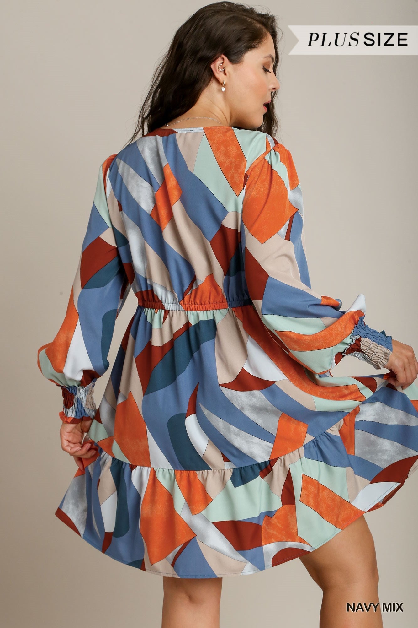 Umgee Plus Abstract V-Neck Tiered Printed Dress