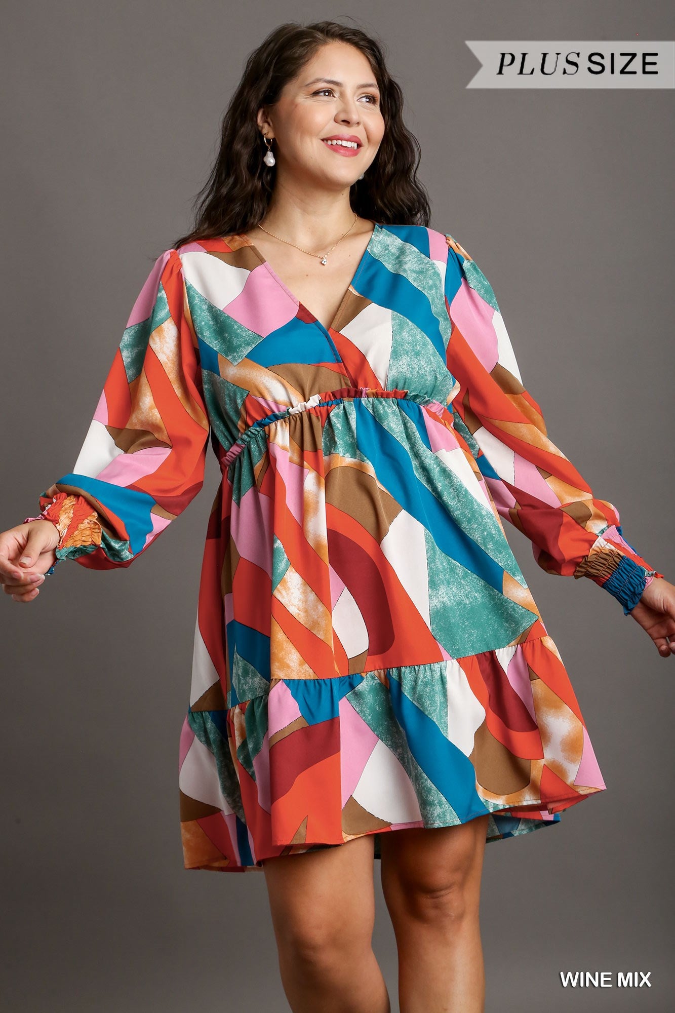 Umgee Plus Abstract V-Neck Tiered Printed Dress