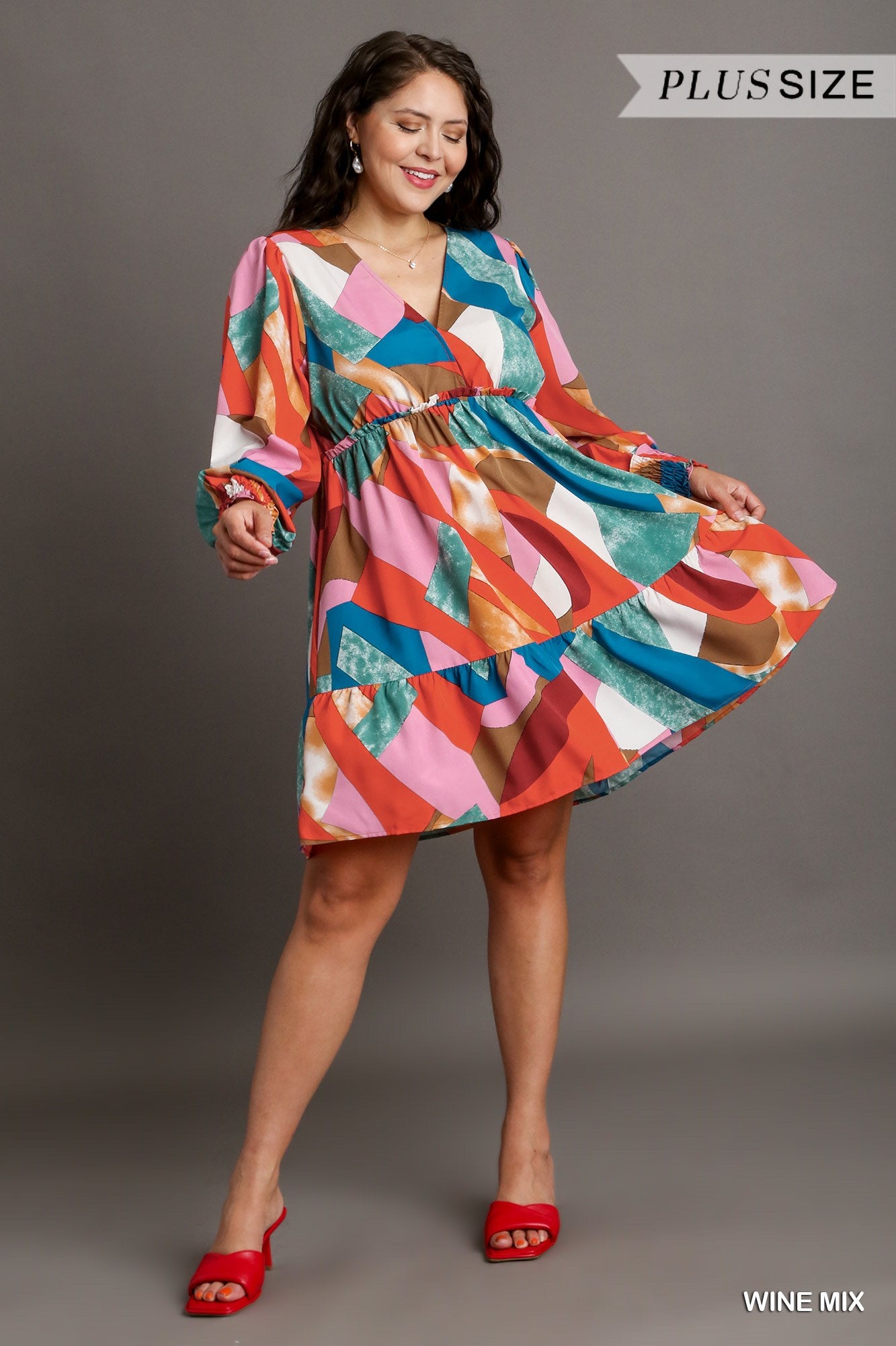 Umgee Plus Abstract V-Neck Tiered Printed Dress