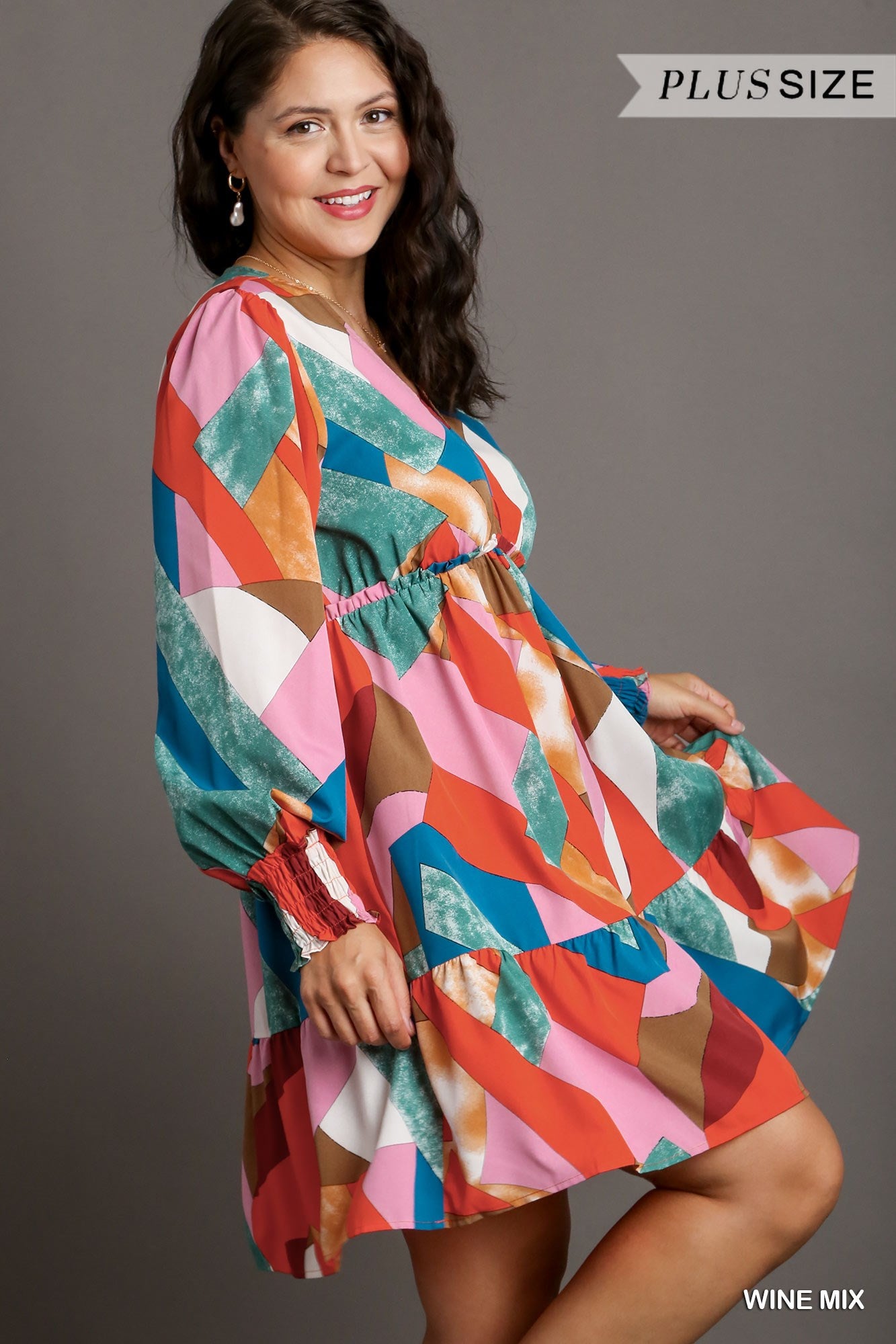 Umgee Plus Abstract V-Neck Tiered Printed Dress