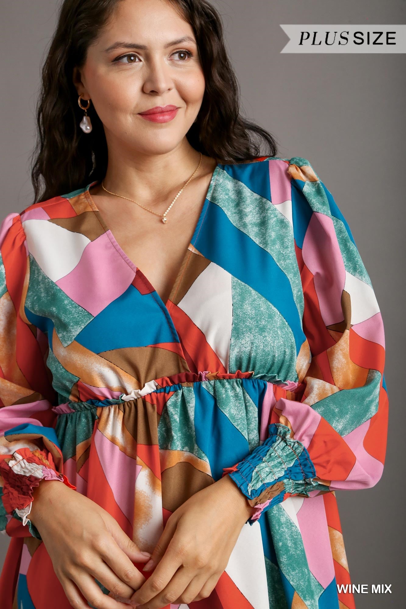 Umgee Plus Abstract V-Neck Tiered Printed Dress