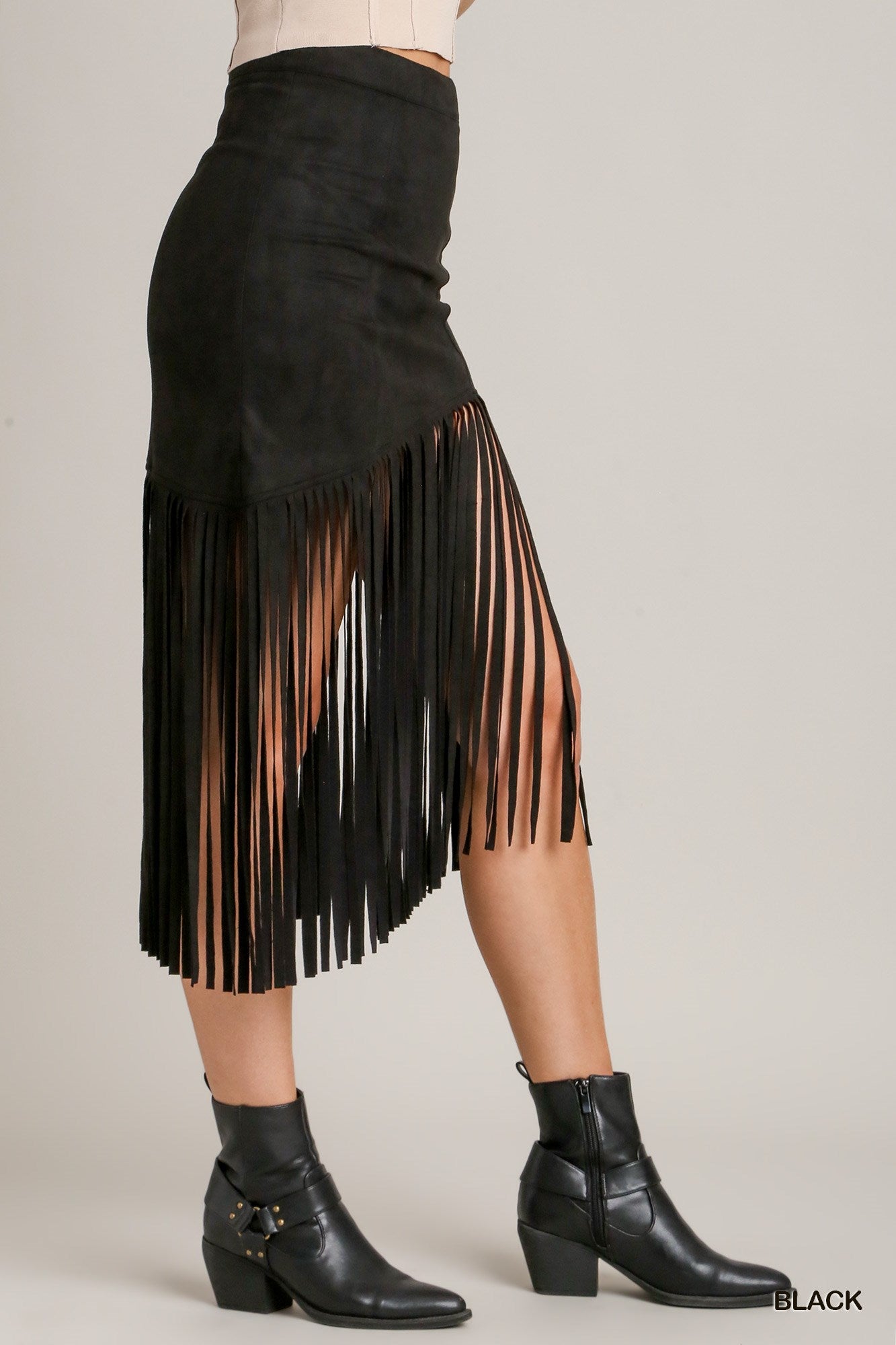 Umgee Suede Western Fringe No Lined Skirt