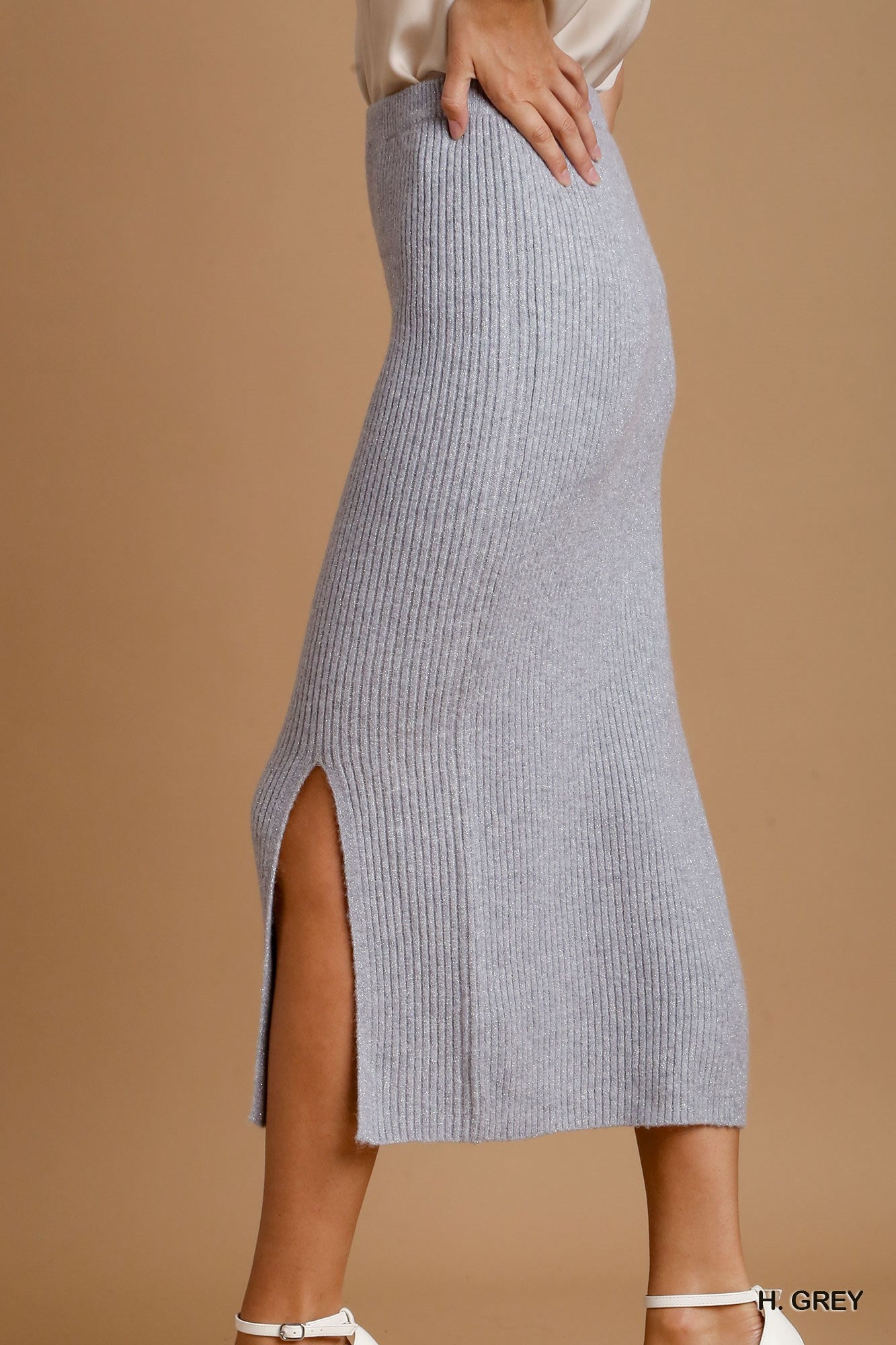 Umgee Rib Knit Lurex Sweater Front Slit Midi Skirt