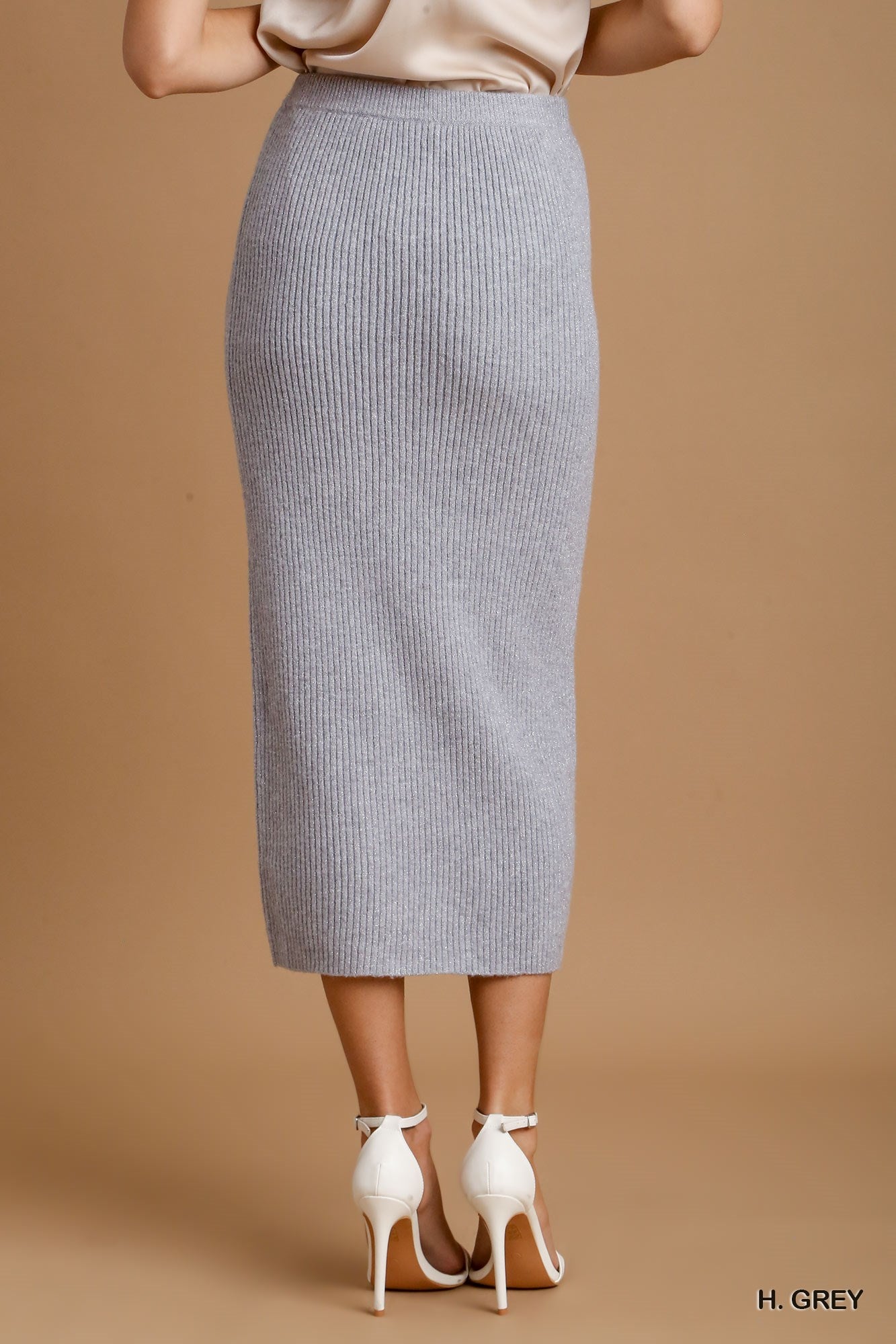Umgee Rib Knit Lurex Sweater Front Slit Midi Skirt