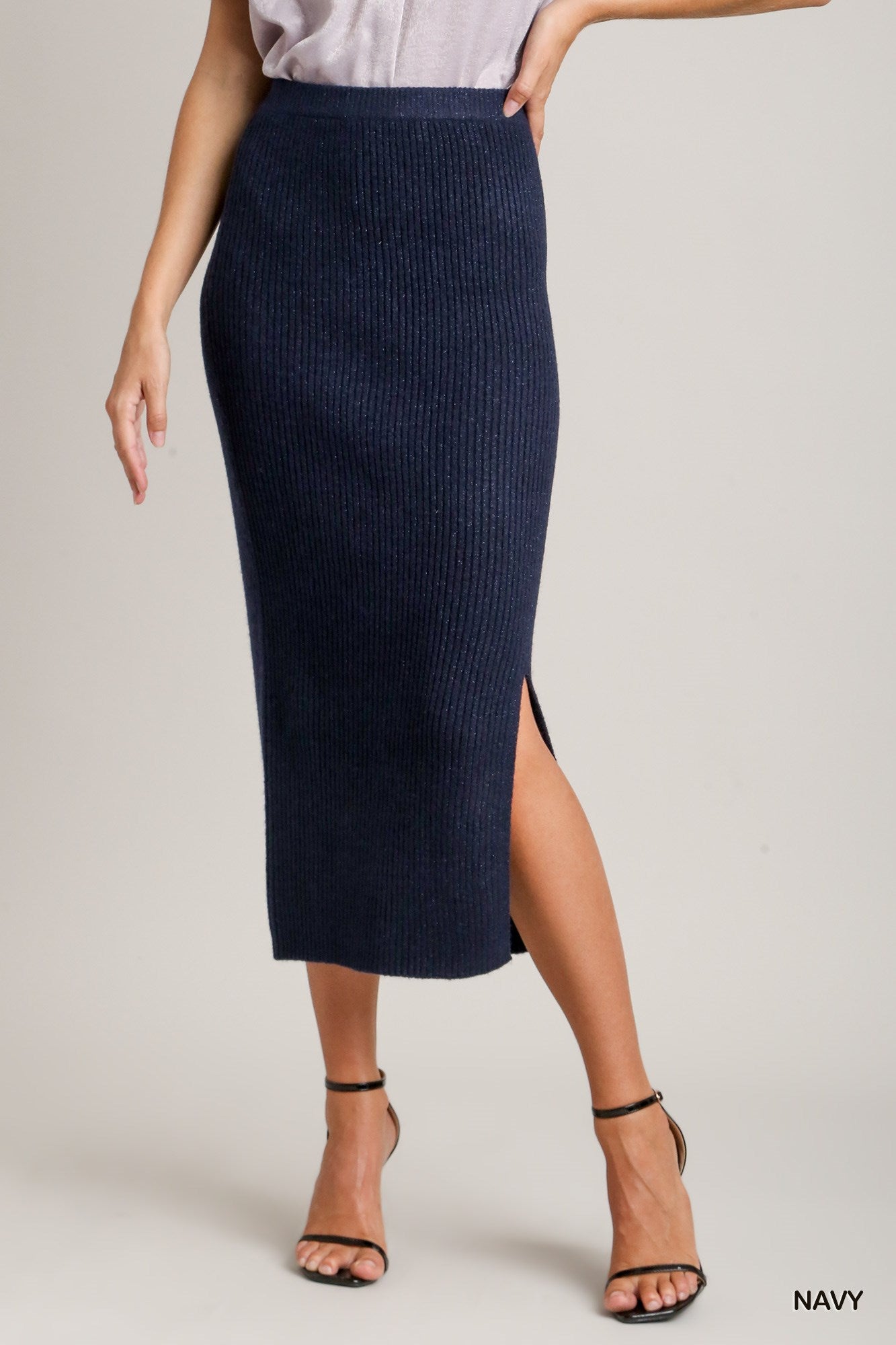 Umgee Rib Knit Lurex Sweater Front Slit Midi Skirt