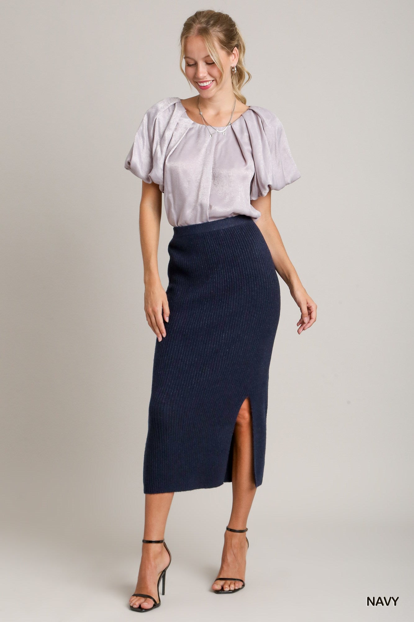 Umgee Rib Knit Lurex Sweater Front Slit Midi Skirt