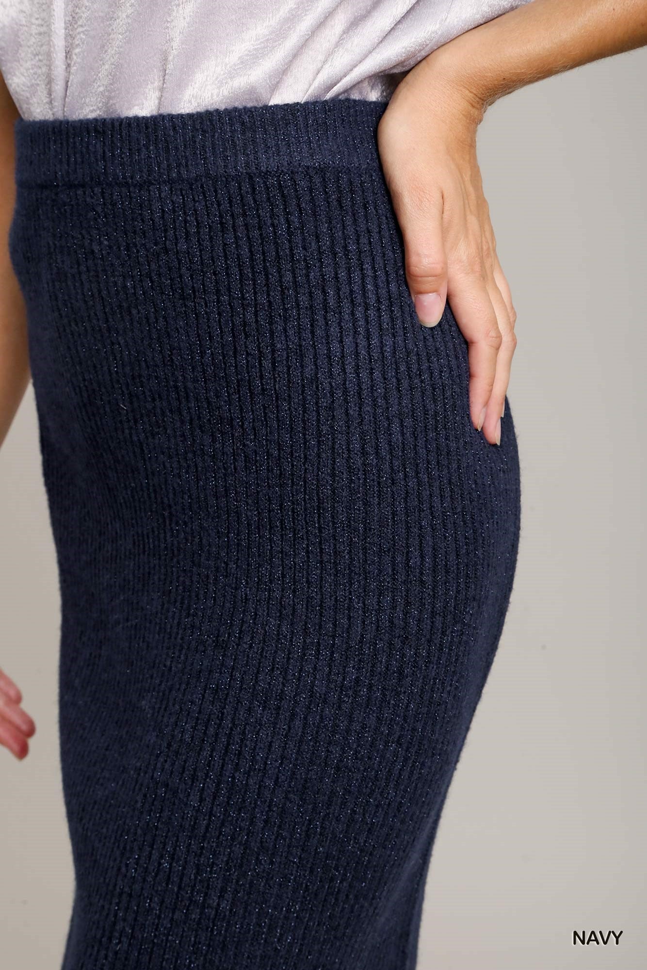 Umgee Rib Knit Lurex Sweater Front Slit Midi Skirt