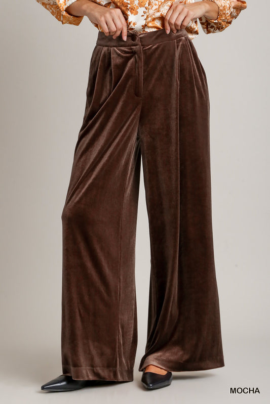 Umgee Velvet High Waisted Pleated Wide Leg Pants