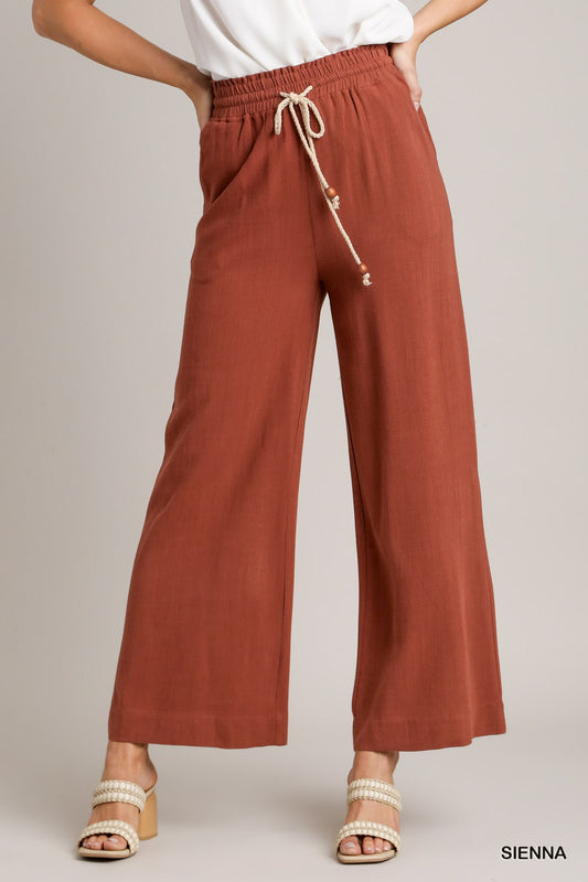 Umgee Linen Solid Smocking Waistband Tie Detail Pants