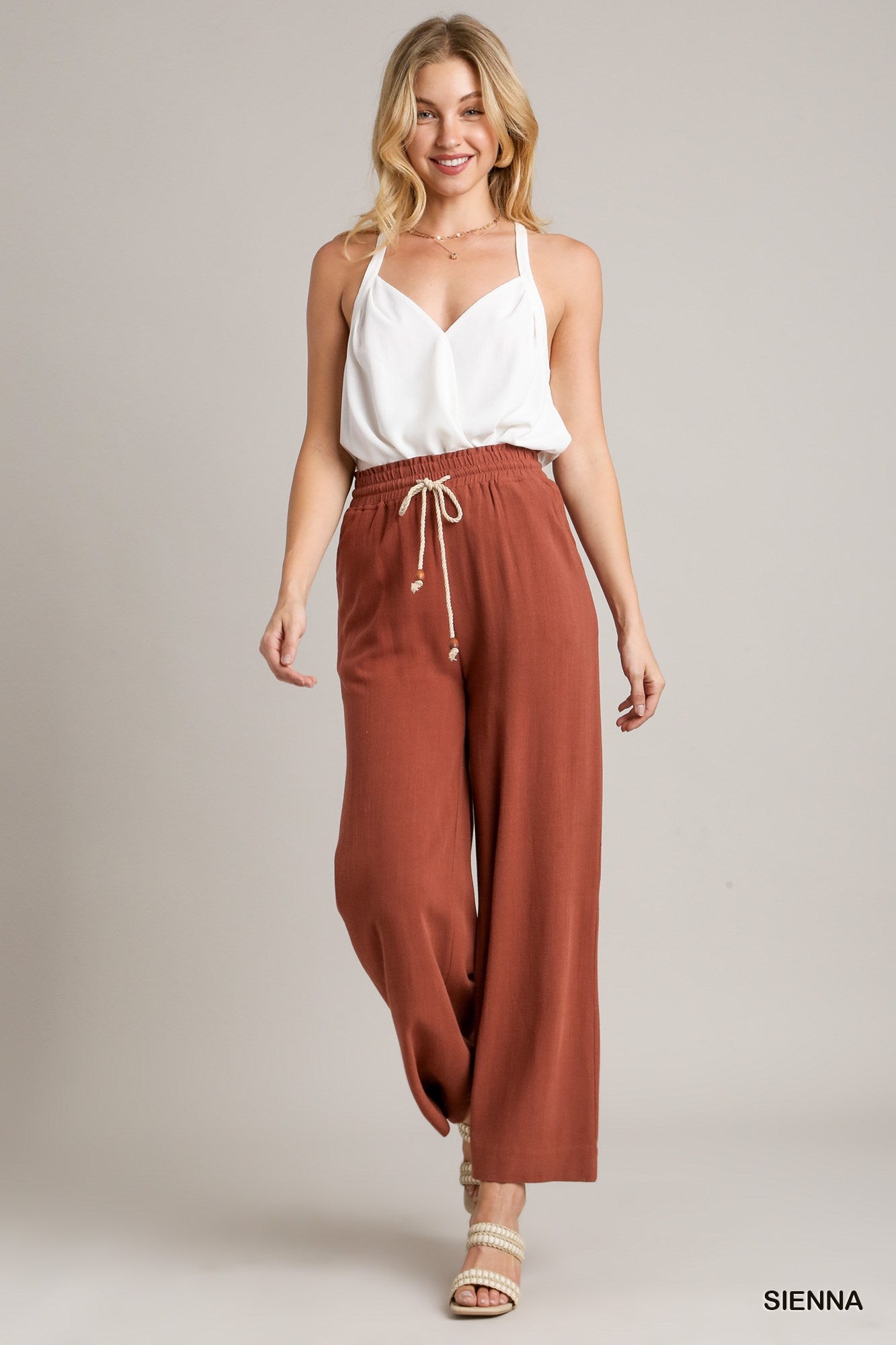 Umgee Linen Solid Smocking Waistband Tie Detail Pants