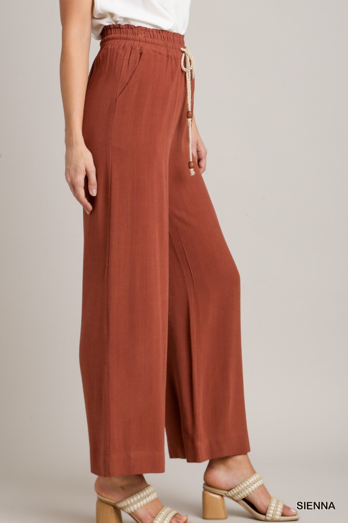 Umgee Linen Solid Smocking Waistband Tie Detail Pants