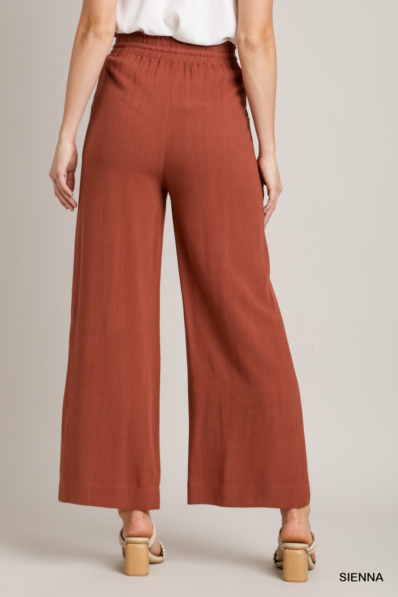 Umgee Linen Solid Smocking Waistband Tie Detail Pants