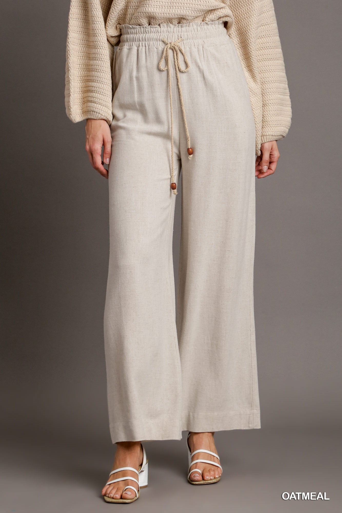 Umgee Linen Solid Smocking Waistband Tie Detail Pants