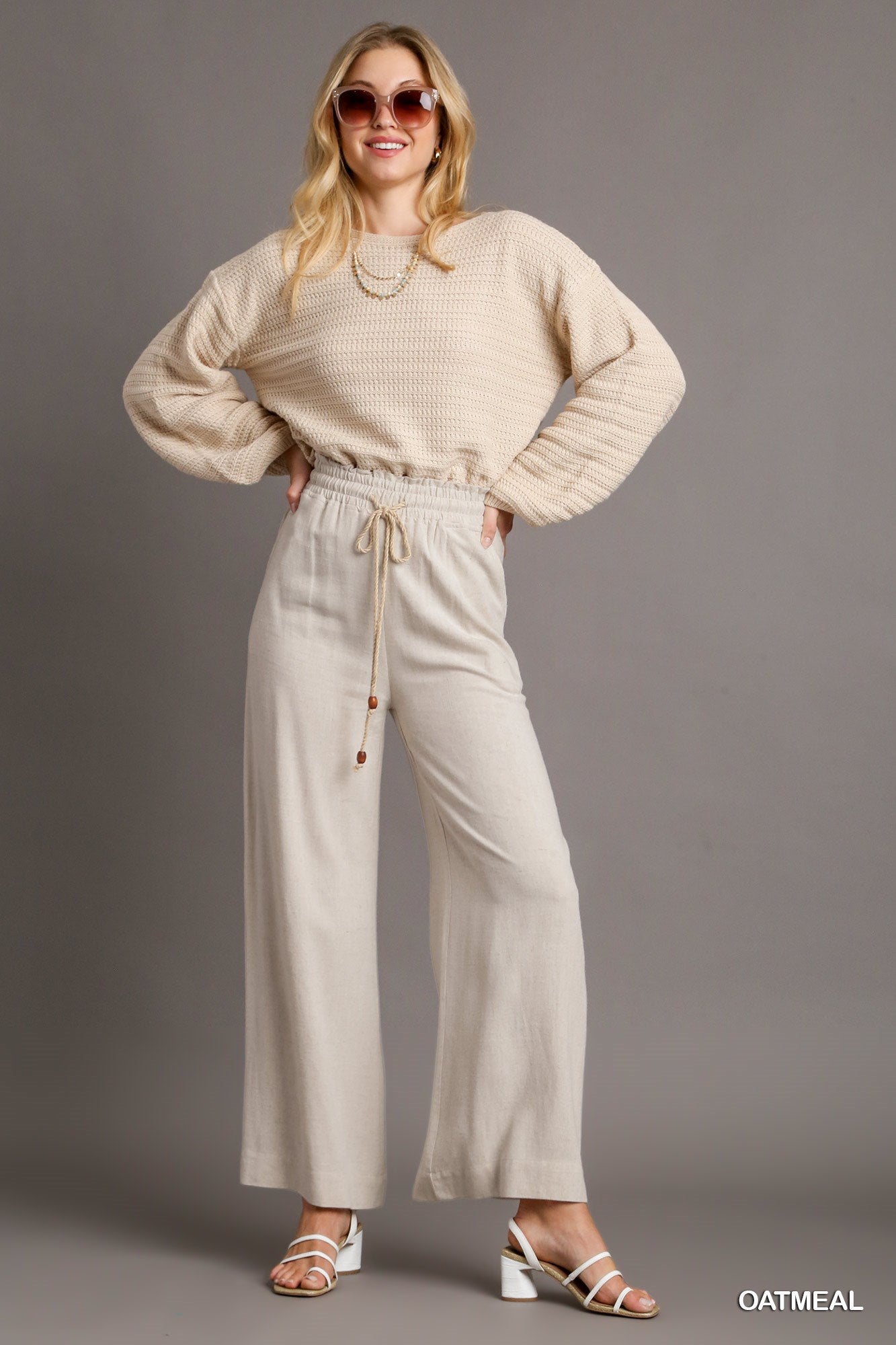Umgee Linen Solid Smocking Waistband Tie Detail Pants