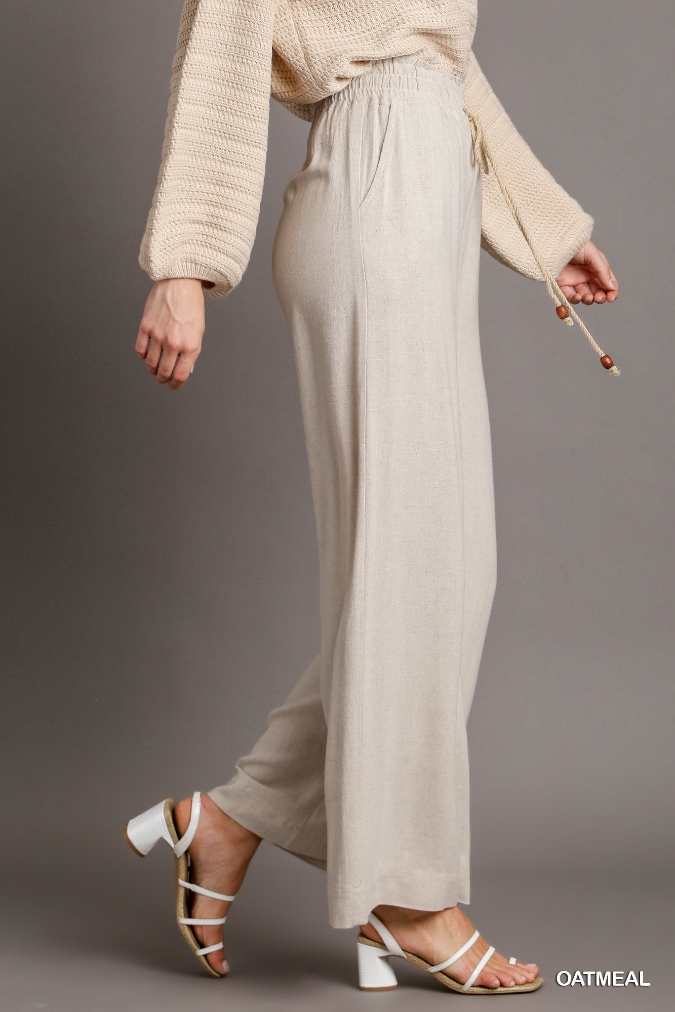Umgee Linen Solid Smocking Waistband Tie Detail Pants