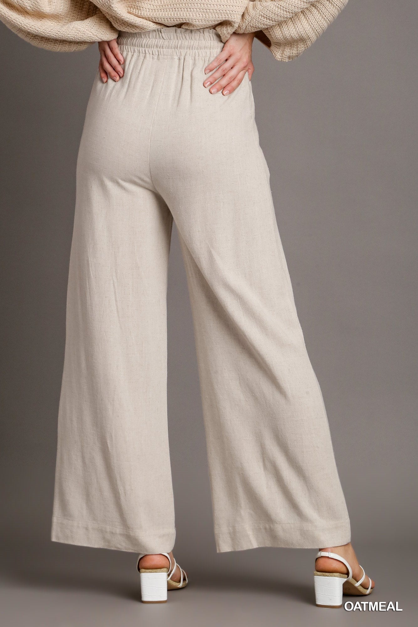 Umgee Linen Solid Smocking Waistband Tie Detail Pants