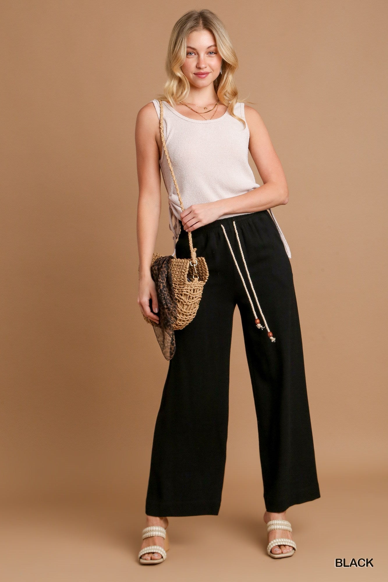Umgee Linen Solid Smocking Waistband Tie Detail Pants