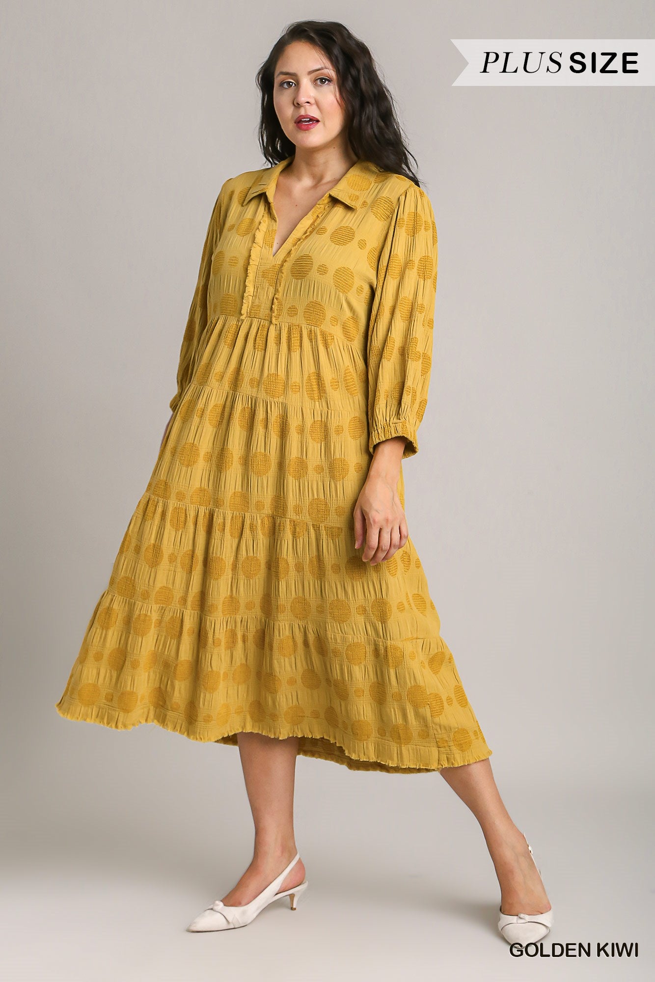 Umgee Plus Solid Dotted V-Neck Collared Tiered Midi Dress